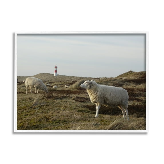 Stupell Industries Grazing Sheep Peaceful Grassland Hills Distant Lighthouse Photograph White Framed Art Print Wall Art, Design by Daphne Polselli