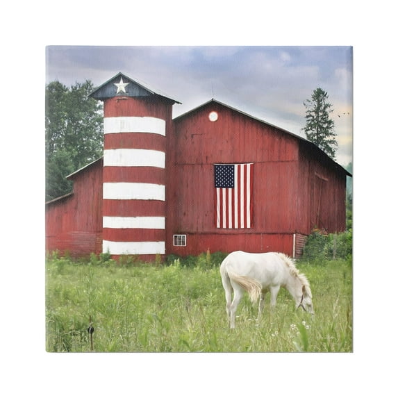 Stupell Industries Grazing White Horse Red Americana Barn Flag Painting Gallery Wrapped Canvas Print Wall Art, Design by Lori Deiter