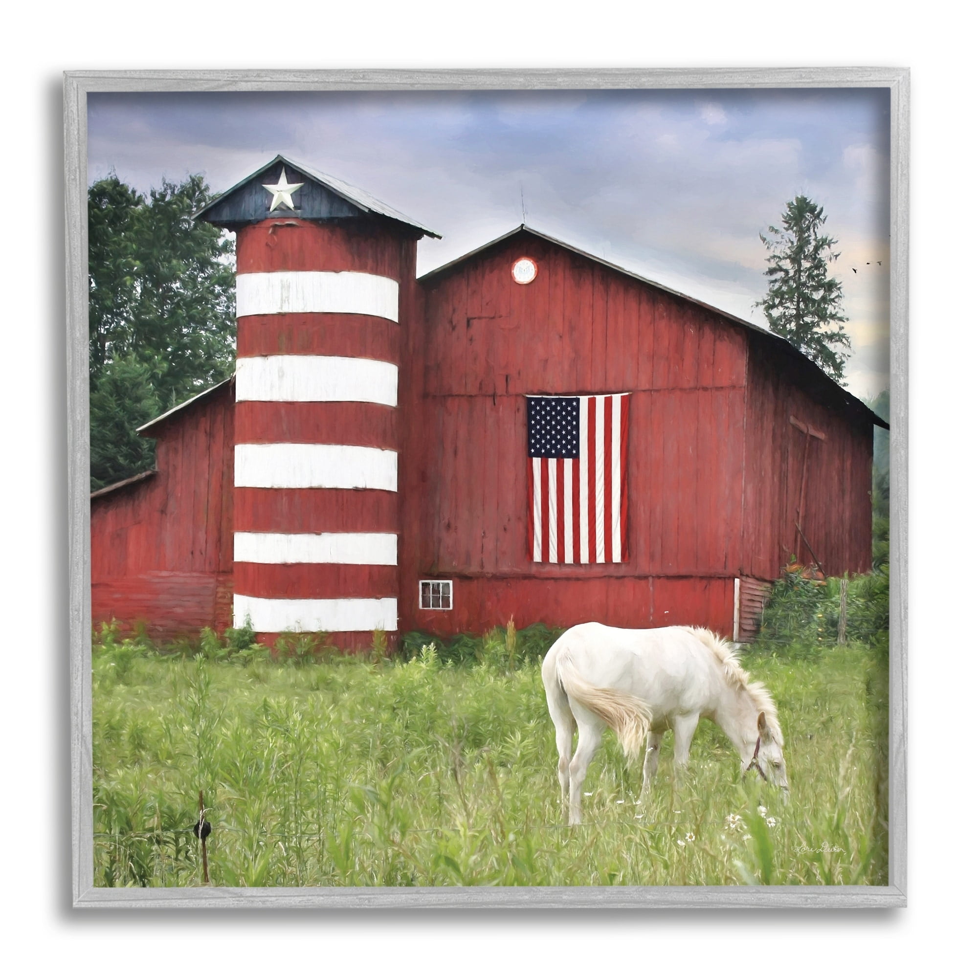 Stupell Industries Grazing White Horse Red Americana Barn Flag Painting Gray Framed Art Print Wall Art, Design by Lori Deiter