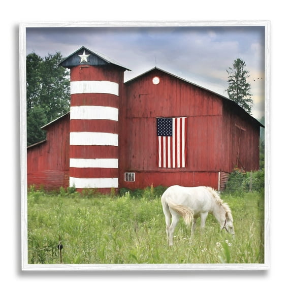 Stupell Industries Grazing White Horse Red Americana Barn Flag Painting White Framed Art Print Wall Art, Design by Lori Deiter