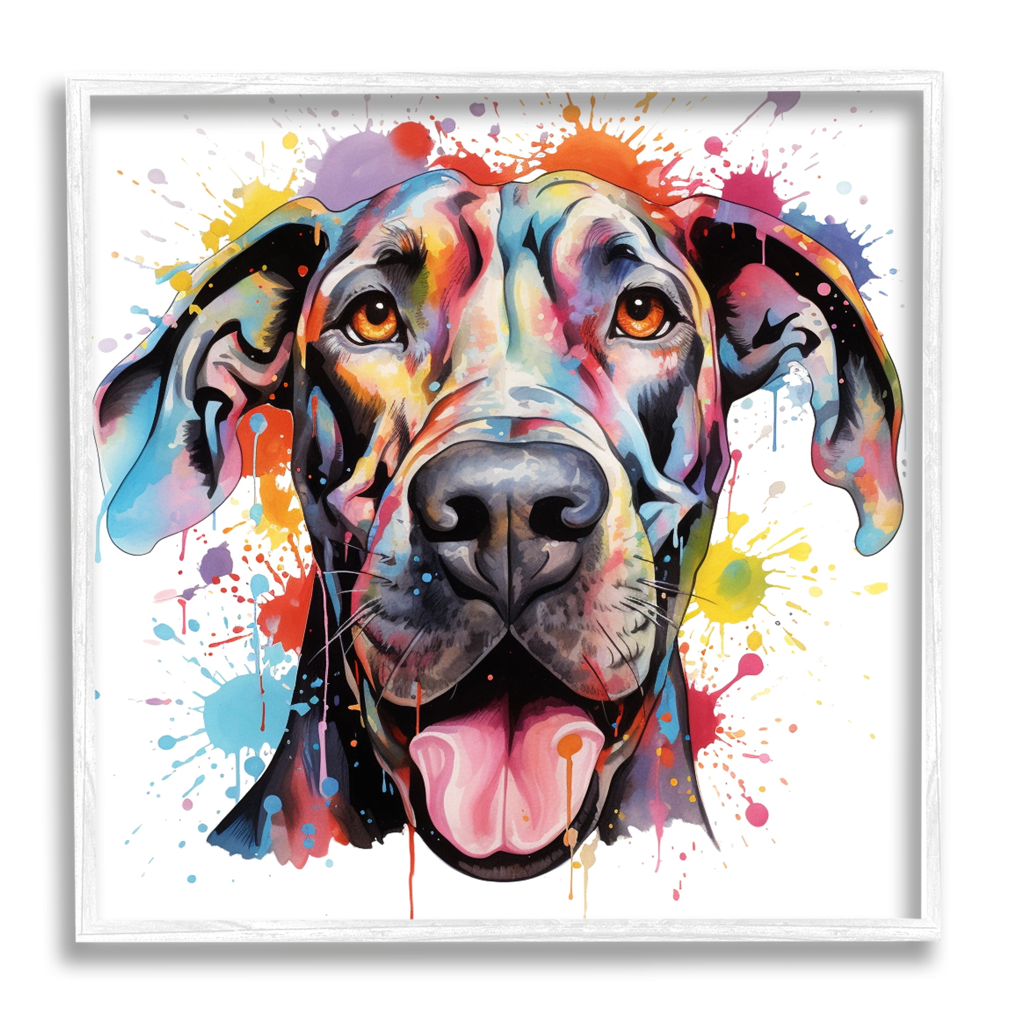 Stupell Industries Great Dane Paint Splatter Animals & Insects Painting White Framed Art Print Wall Art, 12 x 12