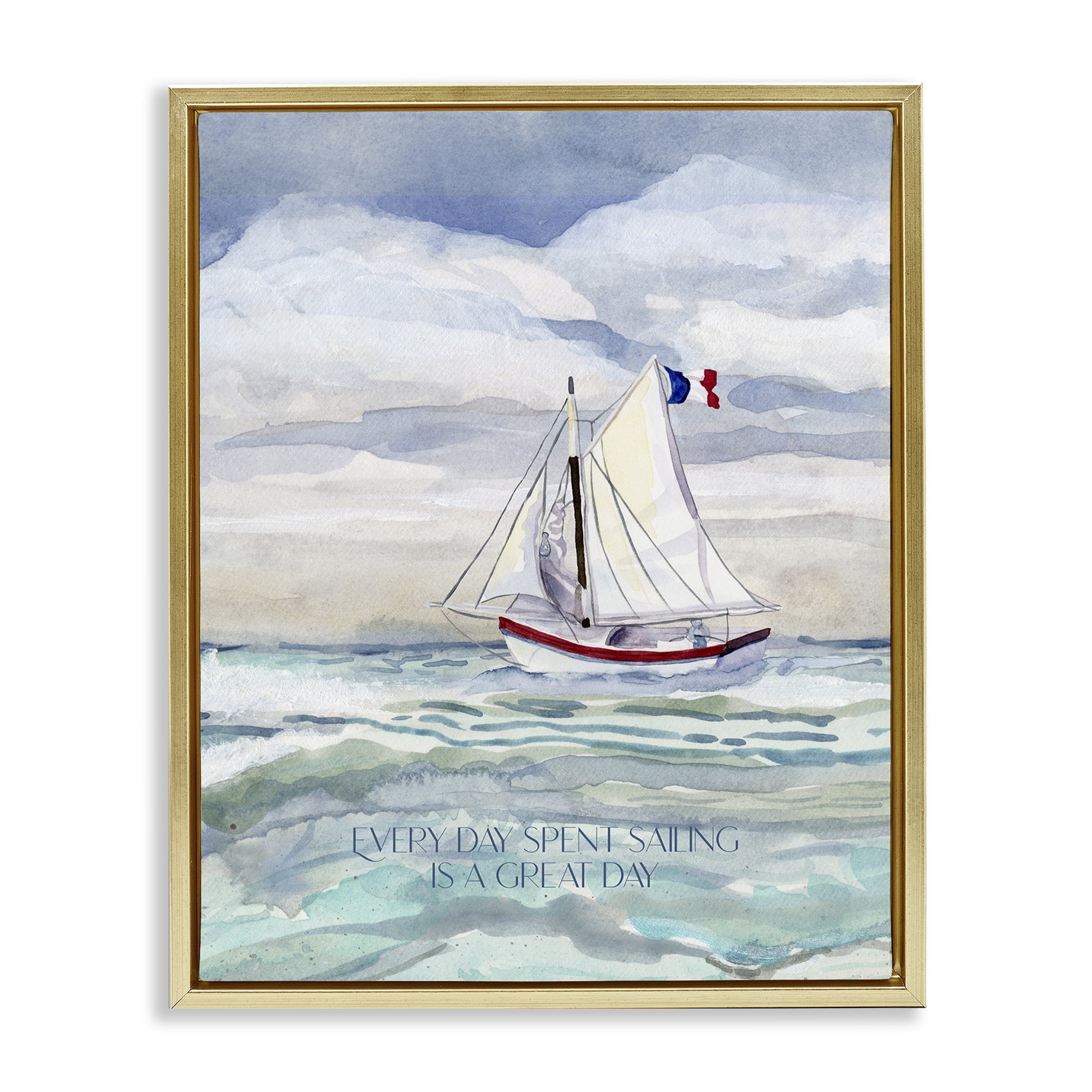 Stupell Industries Great Day Sailing Phrase Transportation Painting Gold Floater Framed Canvas Art Print Wall Art, 17 x 21