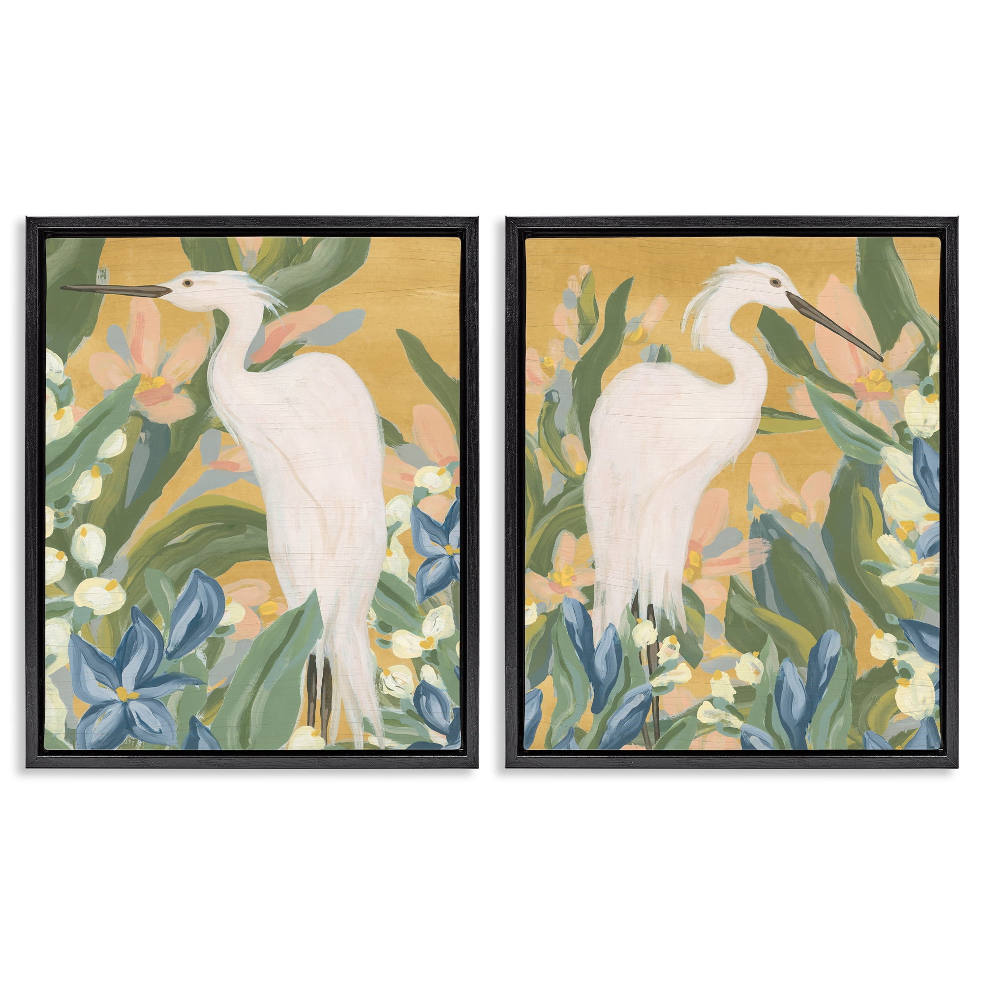 Stupell Industries Great Egret in Blooming Bushes Animals Painting Black Floater Framed Canvas Art Print Wall Art, 31 x 25, Set of 2