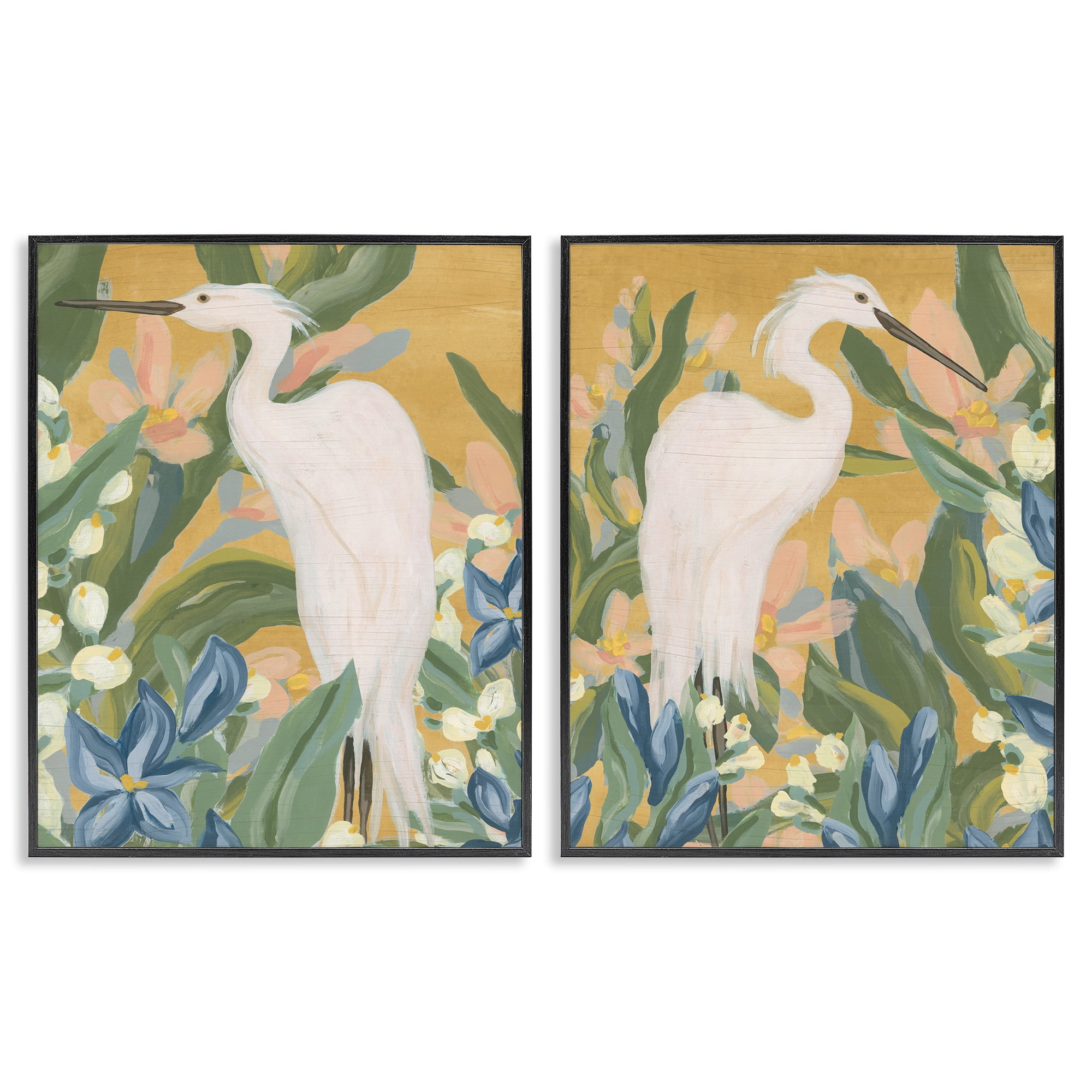 Stupell Industries Great Egret in Blooming Bushes Animals Painting Black Framed Art Print Wall Art, 11 x 14, Set of 2