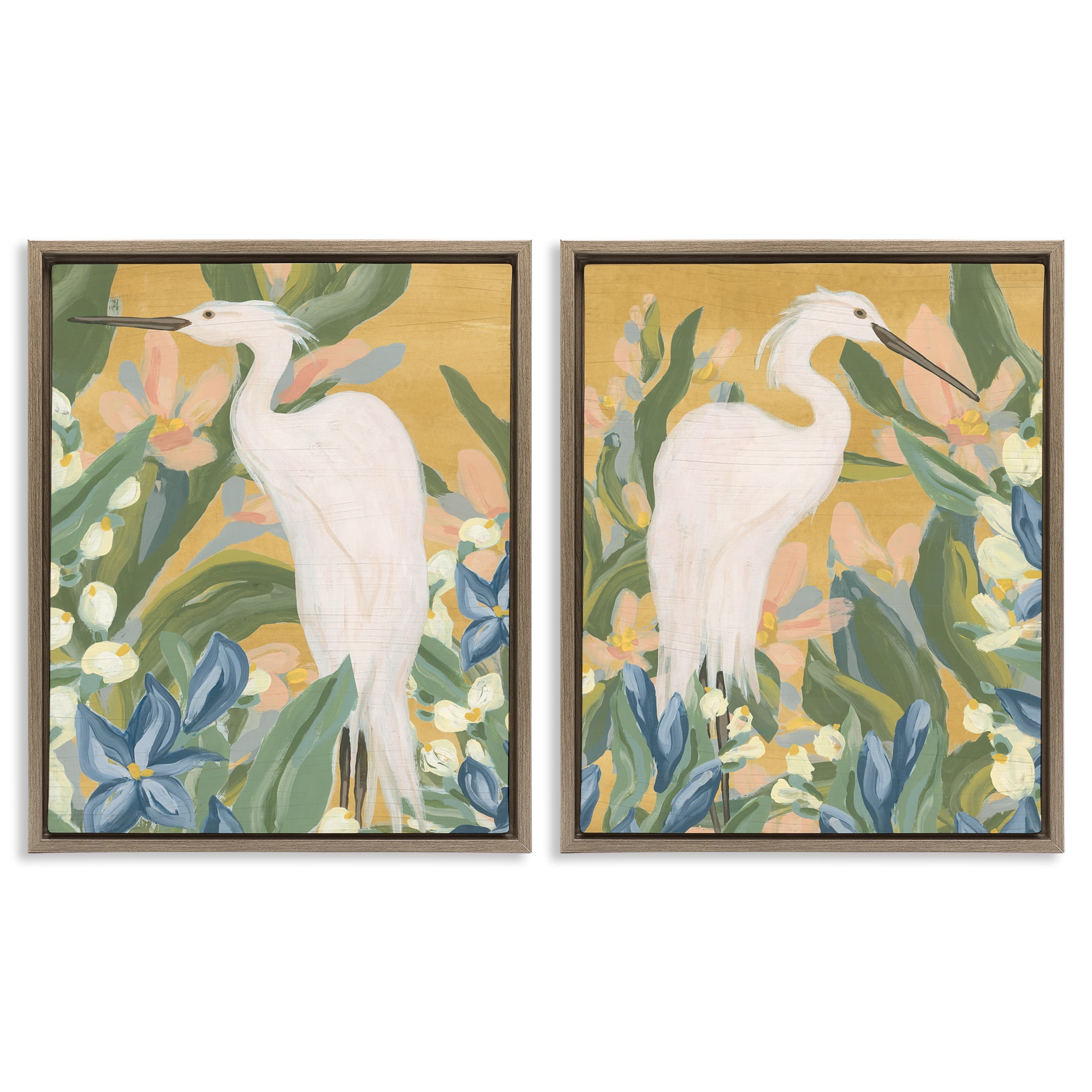 Stupell Industries Great Egret in Blooming Bushes Animals Painting Brown Floater Framed Canvas Art Print Wall Art, 31 x 25, Set of 2