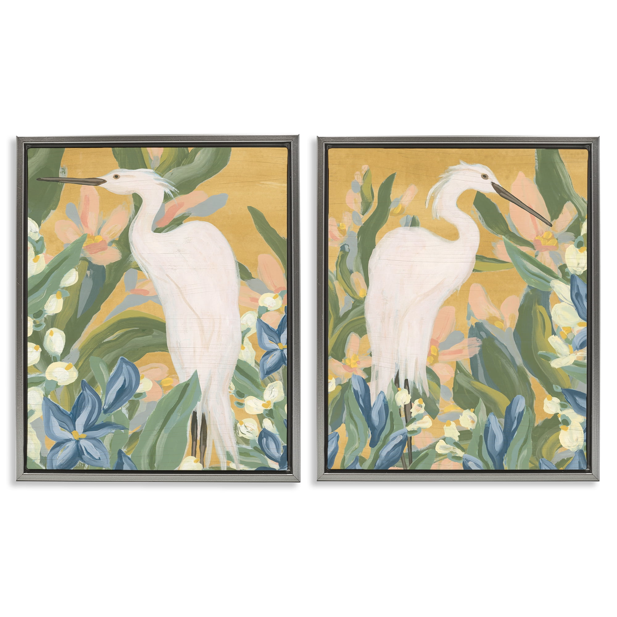 Stupell Industries Great Egret in Blooming Bushes Animals Painting Gray Floater Framed Canvas Art Print Wall Art, 17 x 21, Set of 2