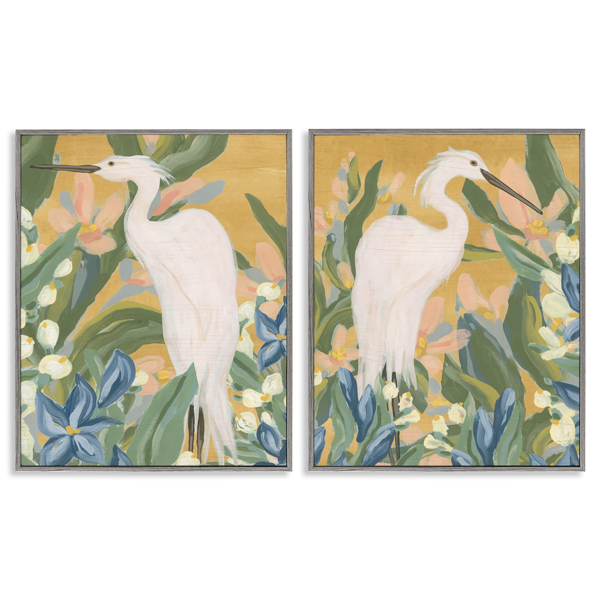 Stupell Industries Great Egret in Blooming Bushes Animals Painting Gray Framed Art Print Wall Art, 16 x 20, Set of 2