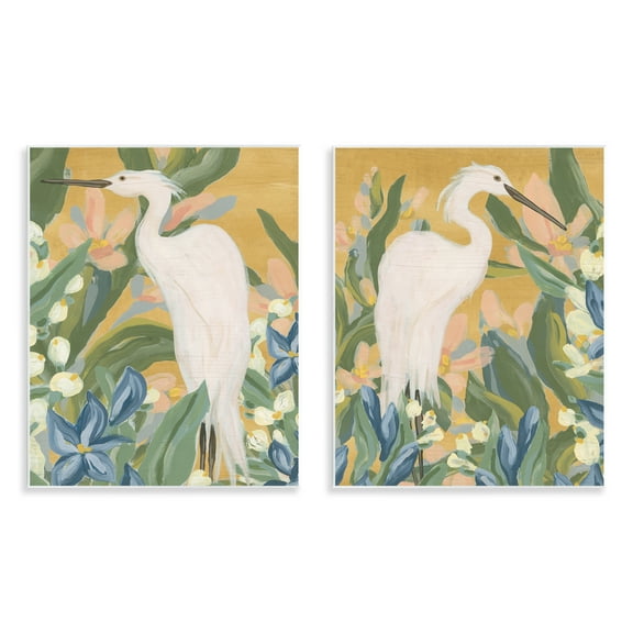 Stupell Industries Great Egret in Blooming Bushes Animals Painting Unframed Art Print Wall Art, 11 x 14, Set of 2