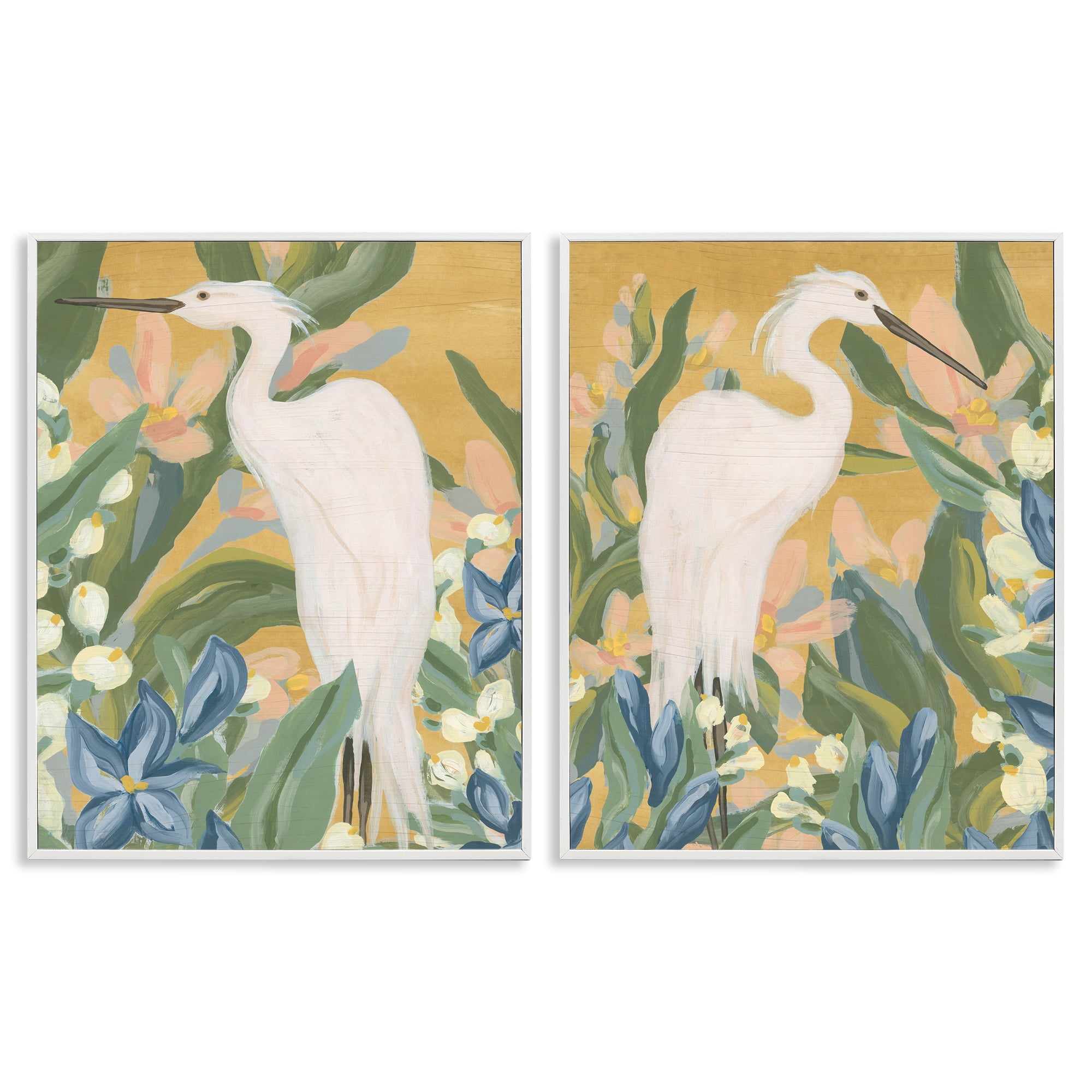 Stupell Industries Great Egret in Blooming Bushes Animals Painting White Framed Art Print Wall Art, 16 x 20, Set of 2