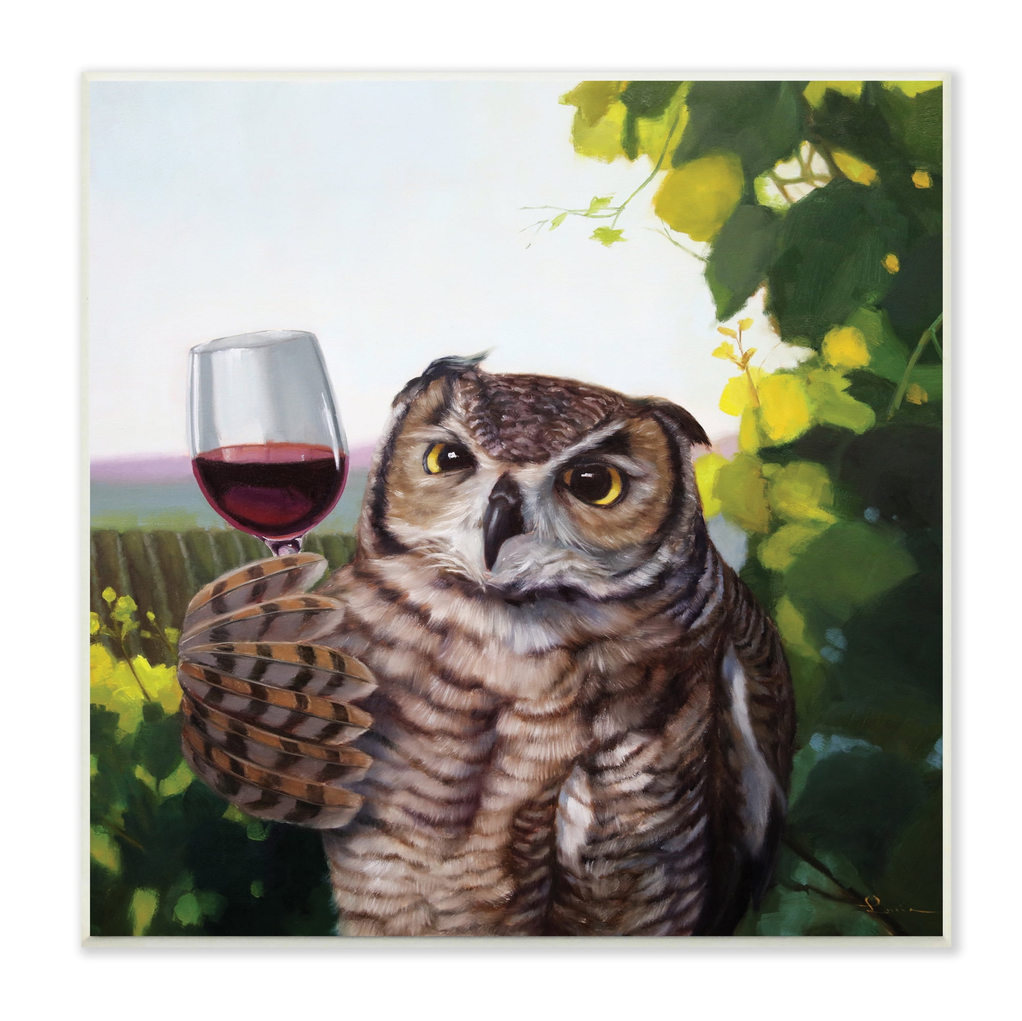 Stupell Industries Great Horned Owl Drinking Red Wine Vineyard Bird , 12 x 12, Designed by Lucia Heffernan