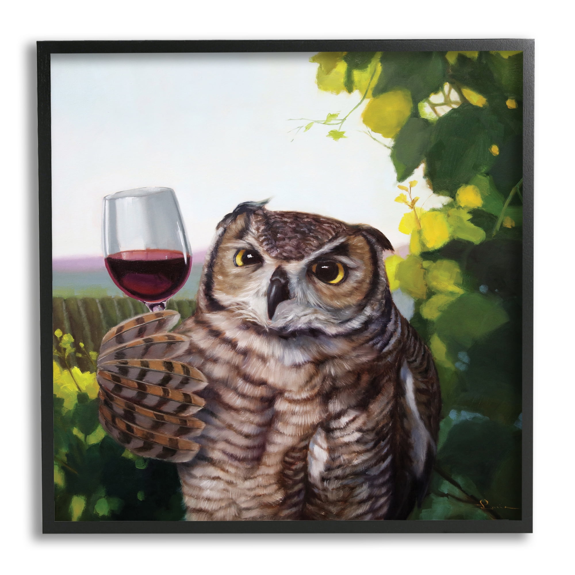 Stupell Industries Great Horned Owl Drinking Red Wine Vineyard Bird , 24 x 24, Designed by Lucia Heffernan