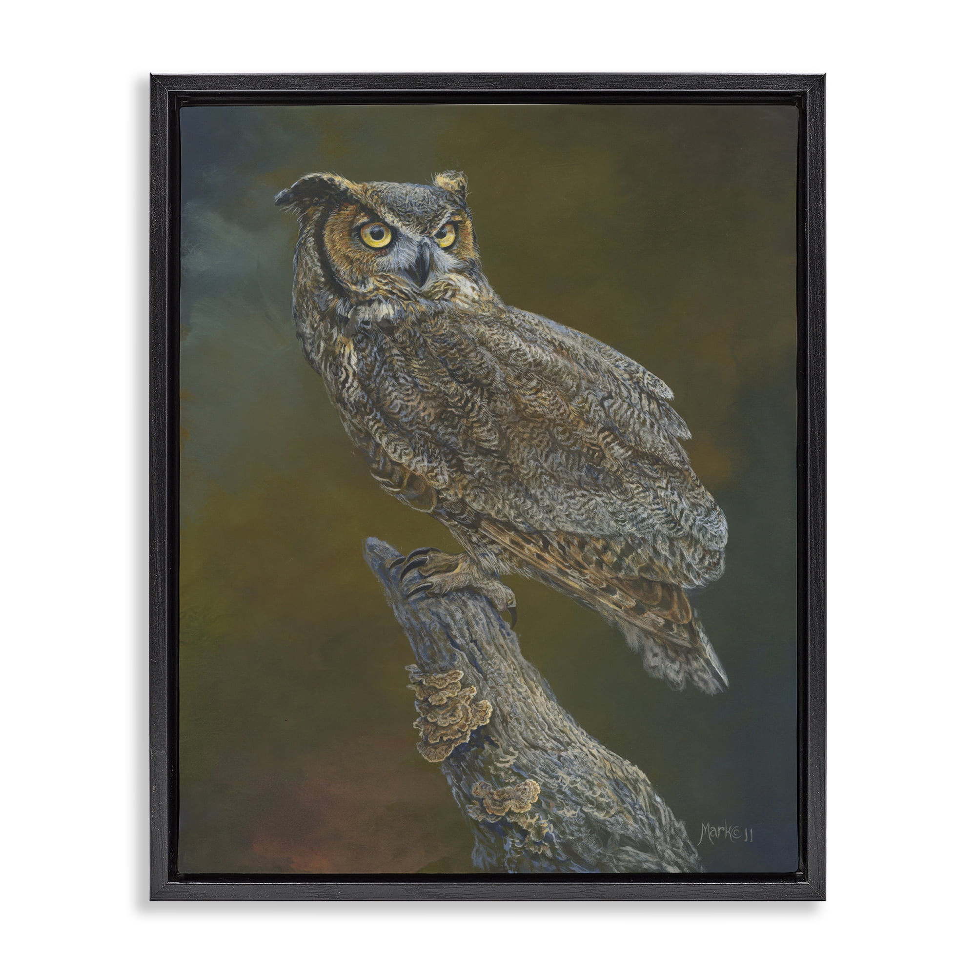 Stupell Industries Great Horned Owl on Branch Animals Painting Black Floater Framed Canvas Art Print Wall Art, 17 x 21