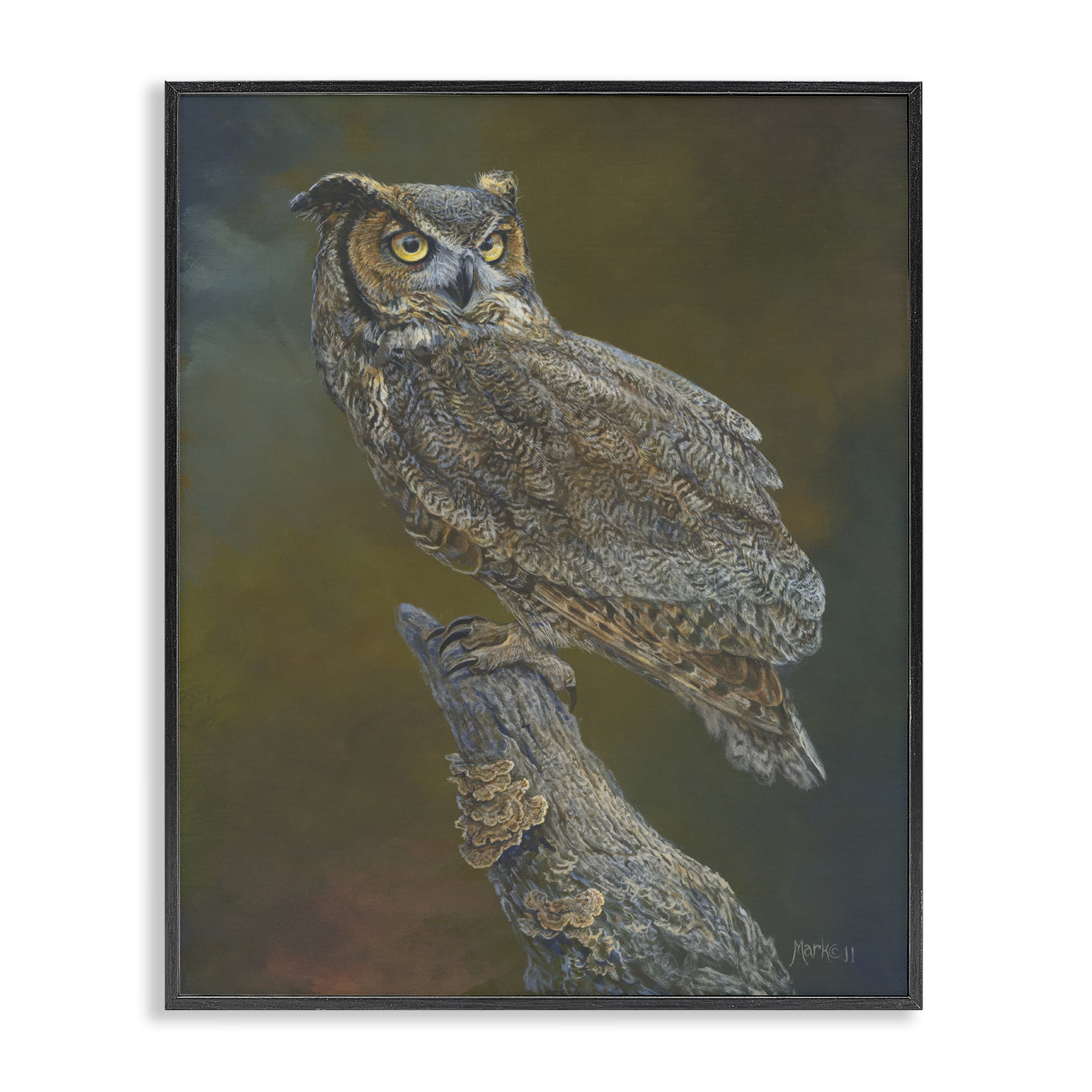 Stupell Industries Great Horned Owl on Branch Animals Painting Black Framed Art Print Wall Art, 24 x 30