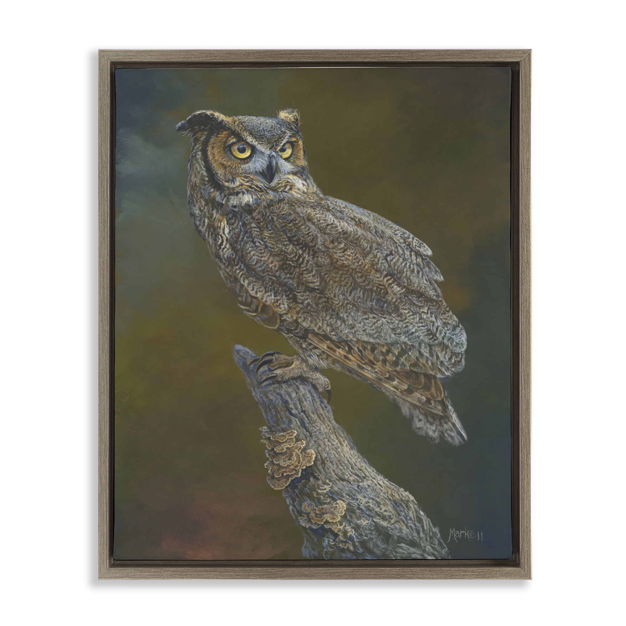 Stupell Industries Great Horned Owl on Branch Animals Painting Brown Floater Framed Canvas Art Print Wall Art, 17 x 21