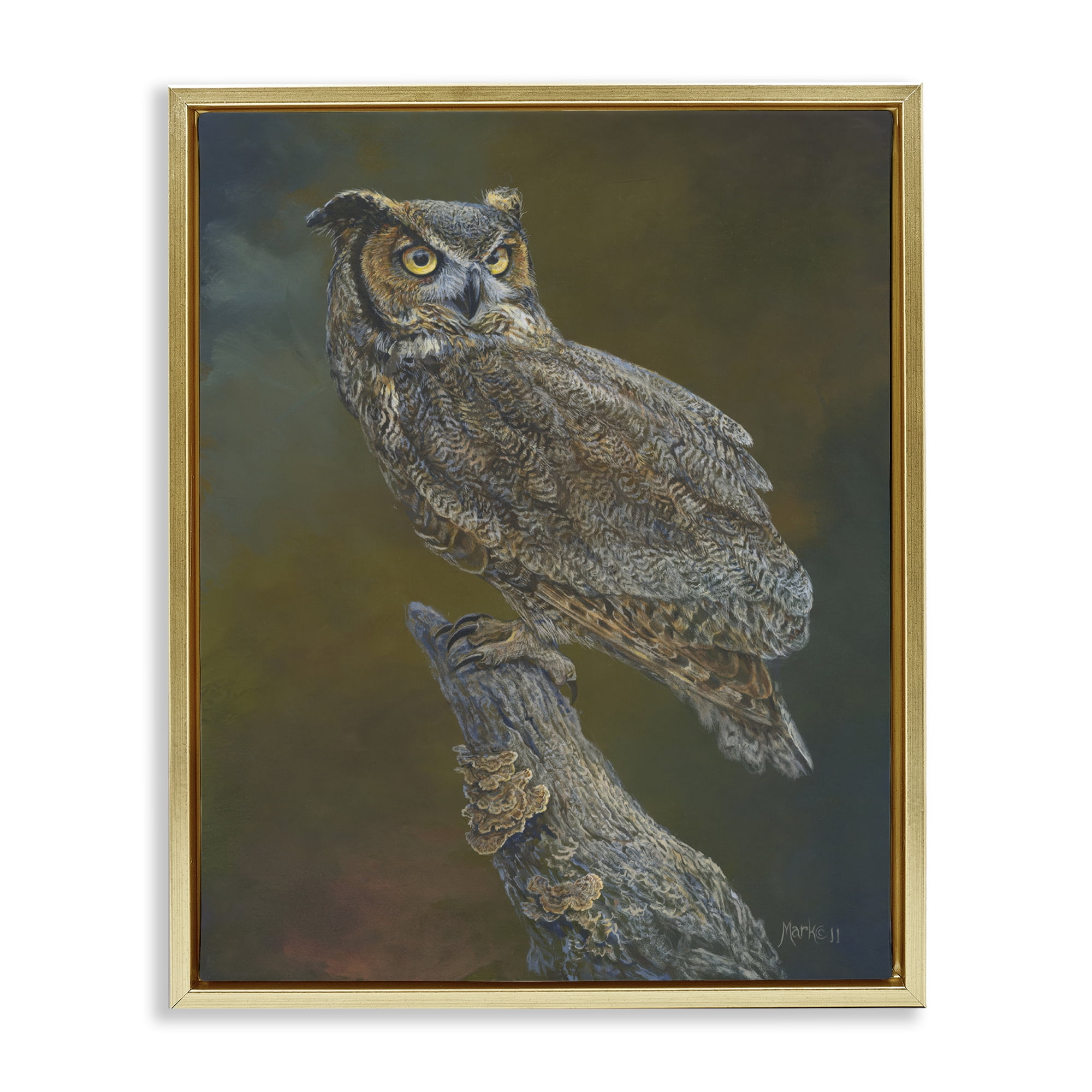 Stupell Industries Great Horned Owl on Branch Animals Painting Gold Floater Framed Canvas Art Print Wall Art, 17 x 21