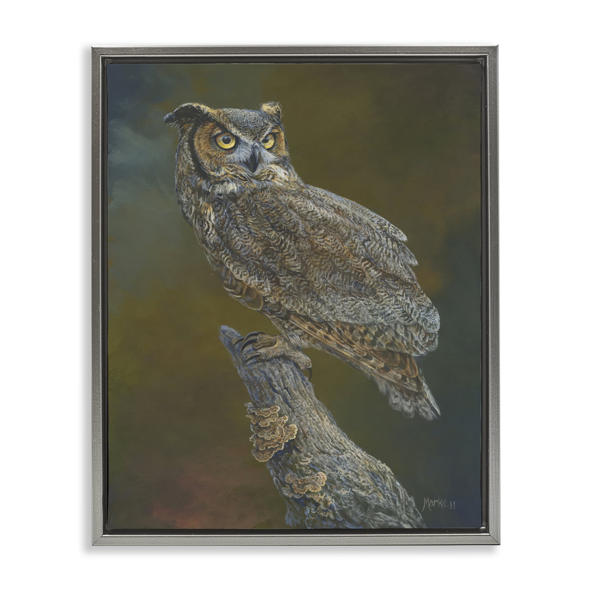 Stupell Industries Great Horned Owl on Branch Animals Painting Gray Floater Framed Canvas Art Print Wall Art, 17 x 21