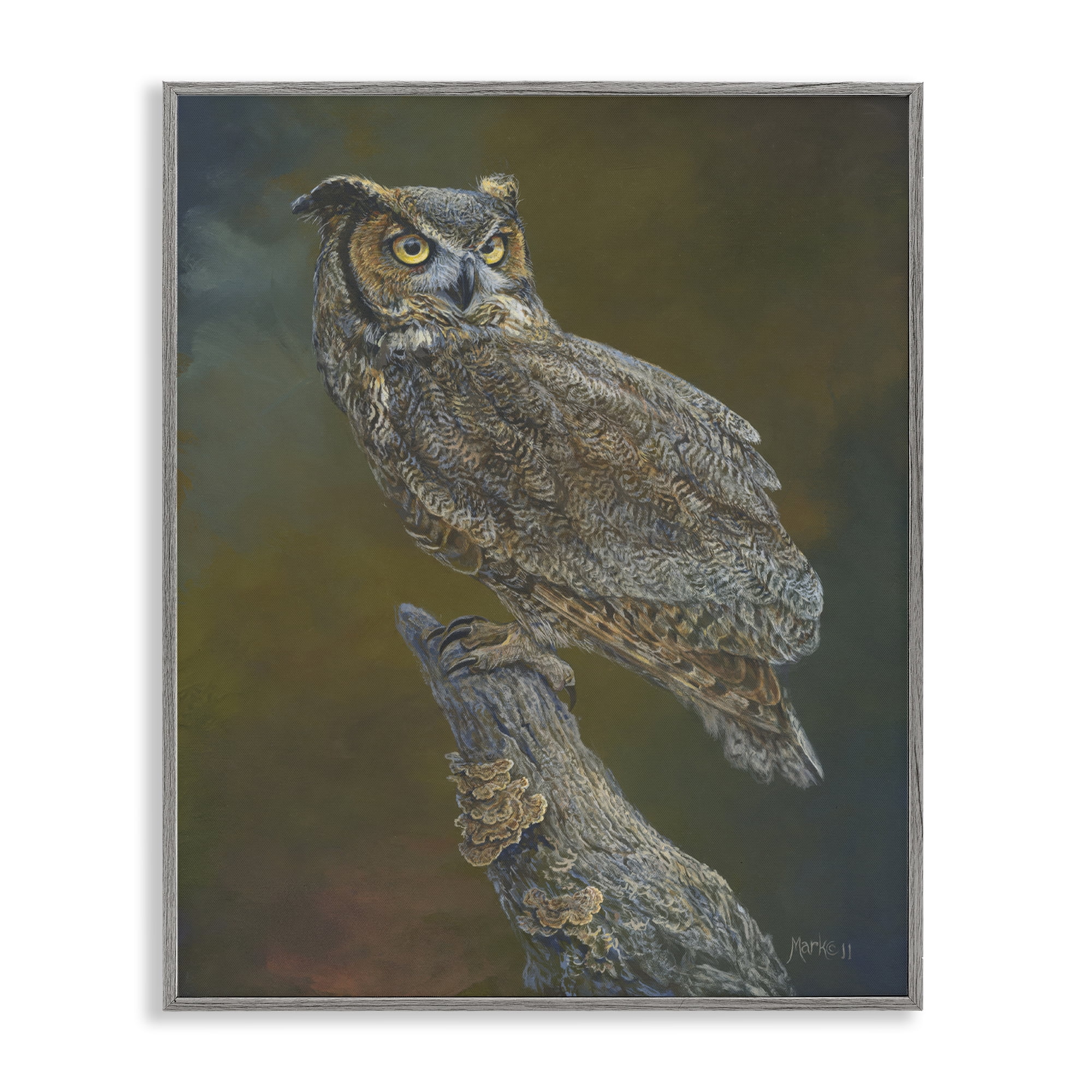 Stupell Industries Great Horned Owl on Branch Animals Painting Gray Framed Art Print Wall Art, 16 x 20