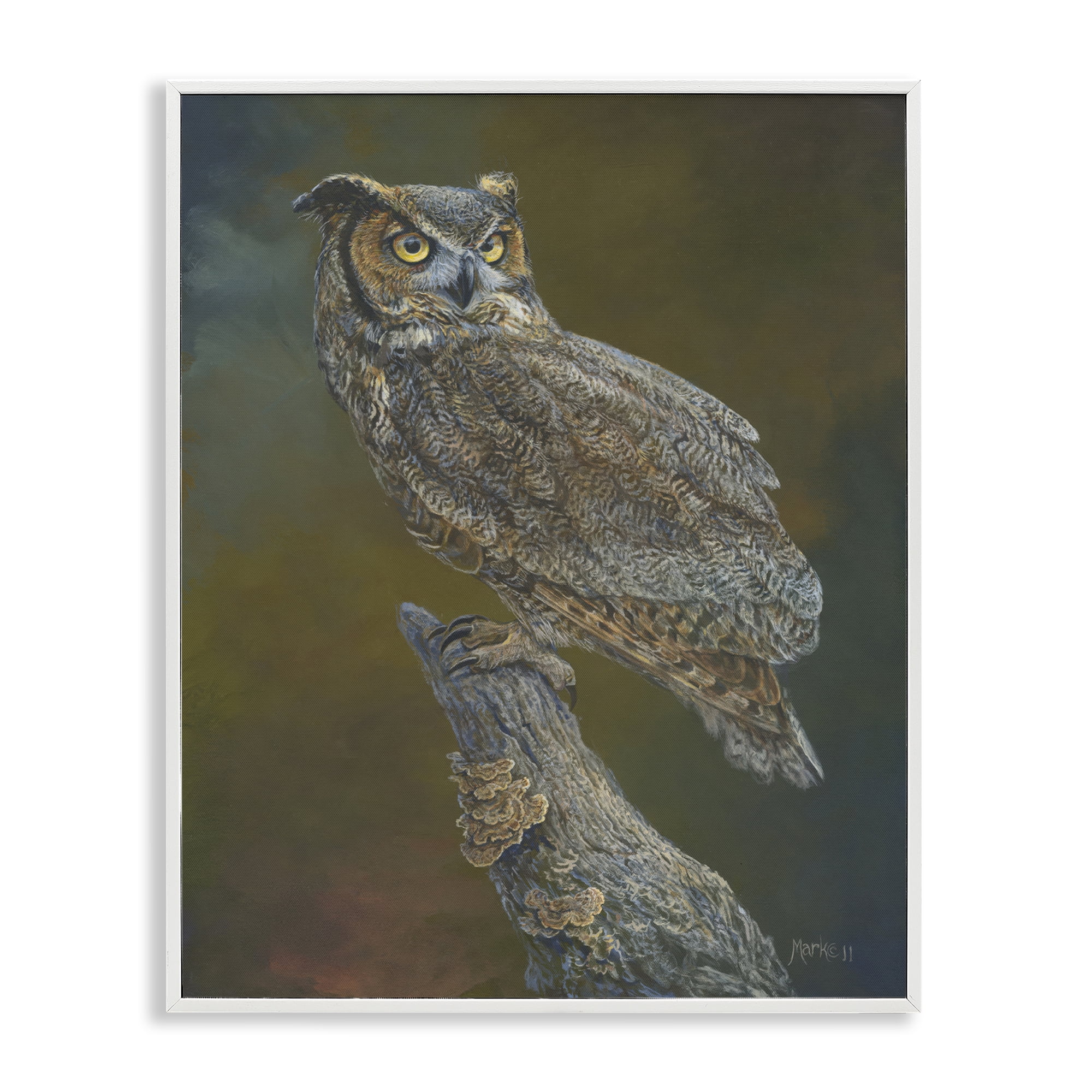 Stupell Industries Great Horned Owl on Branch Animals Painting White Framed Art Print Wall Art, 24 x 30