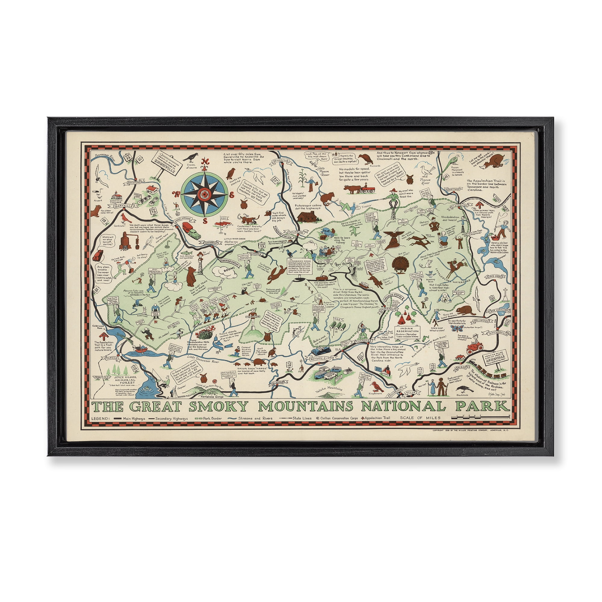 Stupell Industries Great Smoky Mountains Map History & Language Painting Black Floater Framed Canvas Art Print Wall Art, 25 x 17