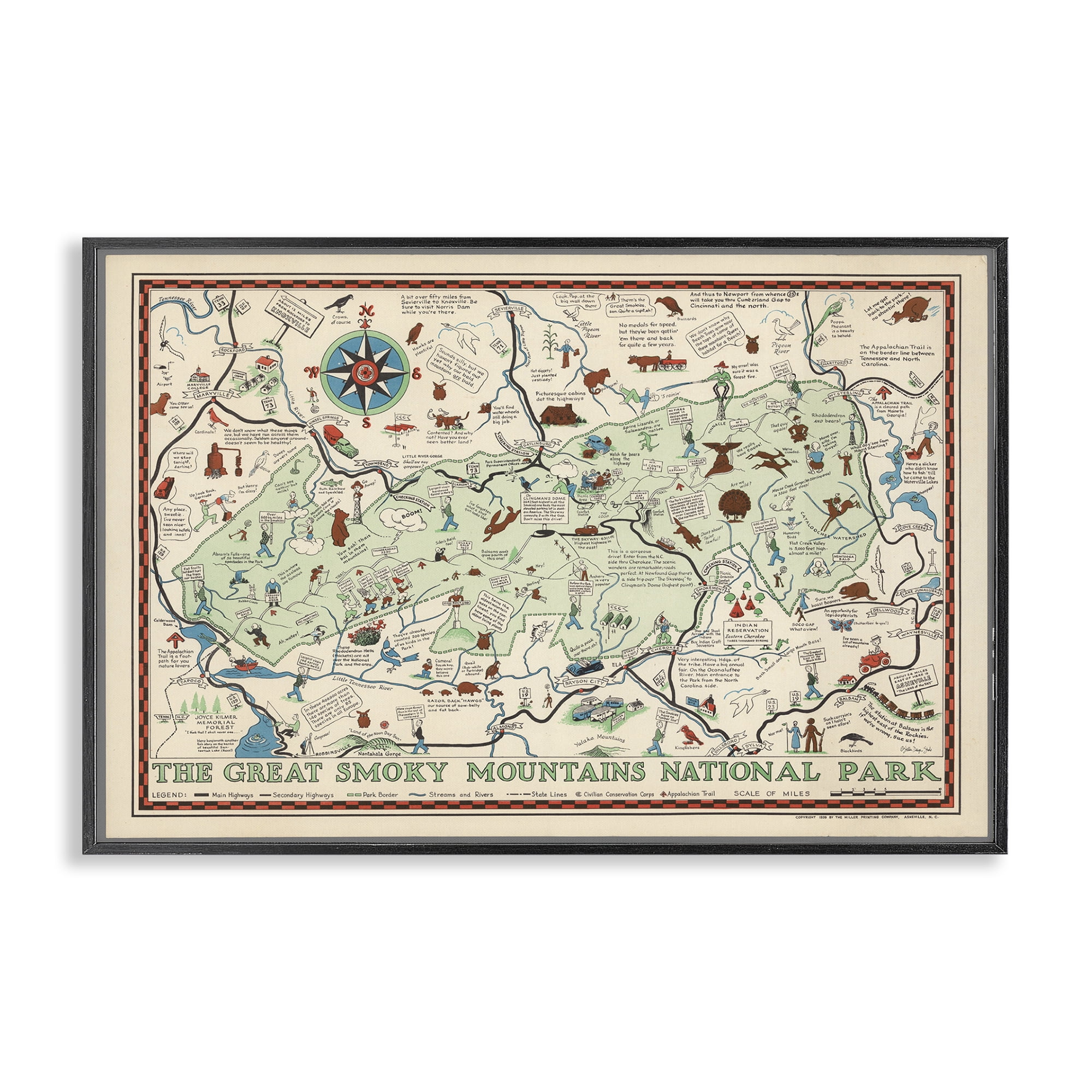 Stupell Industries Great Smoky Mountains Map History & Language Painting Black Framed Art Print Wall Art, 30 x 20