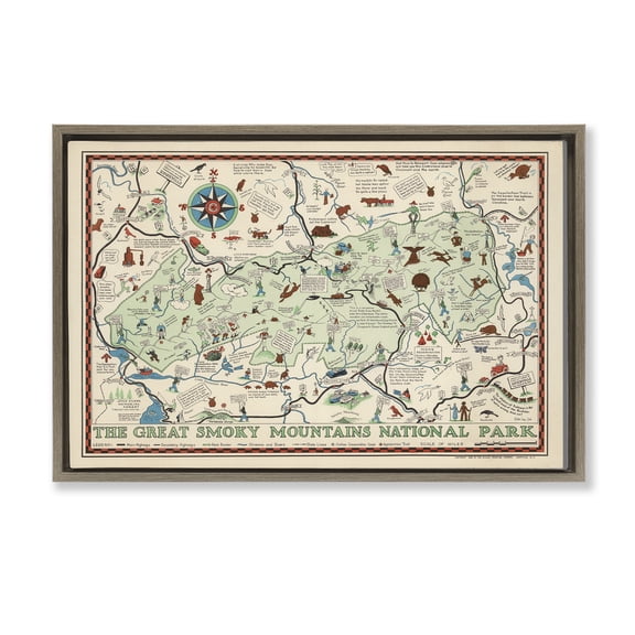 Stupell Industries Great Smoky Mountains Map History & Language Painting Brown Floater Framed Canvas Art Print Wall Art, 25 x 17
