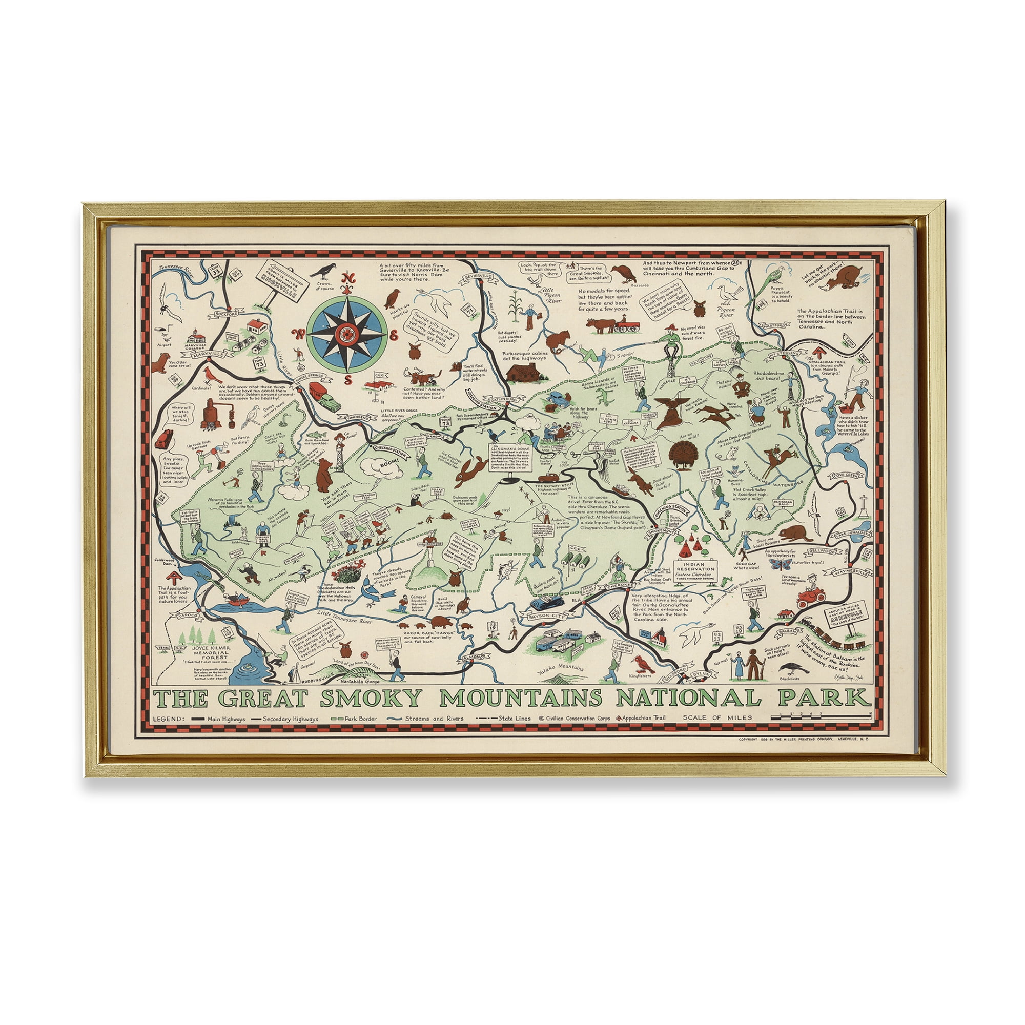 Stupell Industries Great Smoky Mountains Map History & Language Painting Gold Floater Framed Canvas Art Print Wall Art, 31 x 21