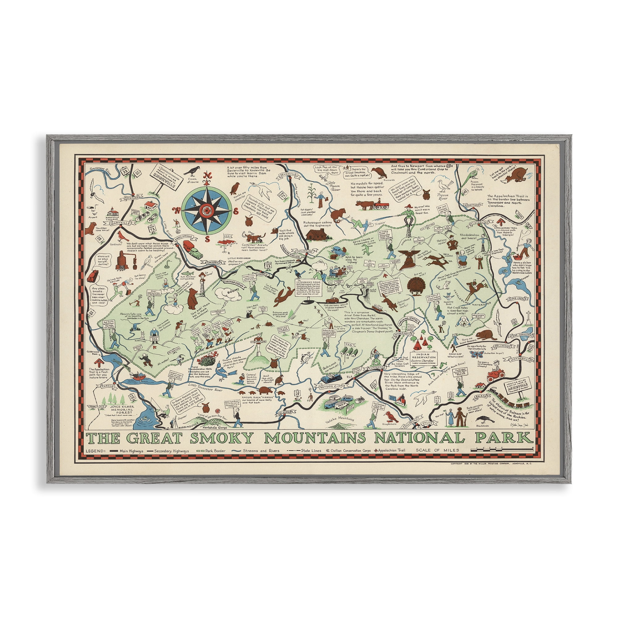 Stupell Industries Great Smoky Mountains Map History & Language Painting Gray Framed Art Print Wall Art, 30 x 20