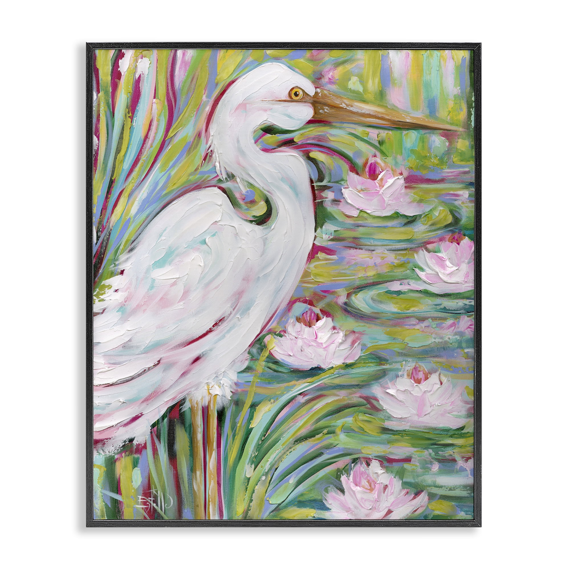 Stupell Industries Great White Egret & Lotus Animals Painting Black Framed Art Print Wall Art, 16 x 20