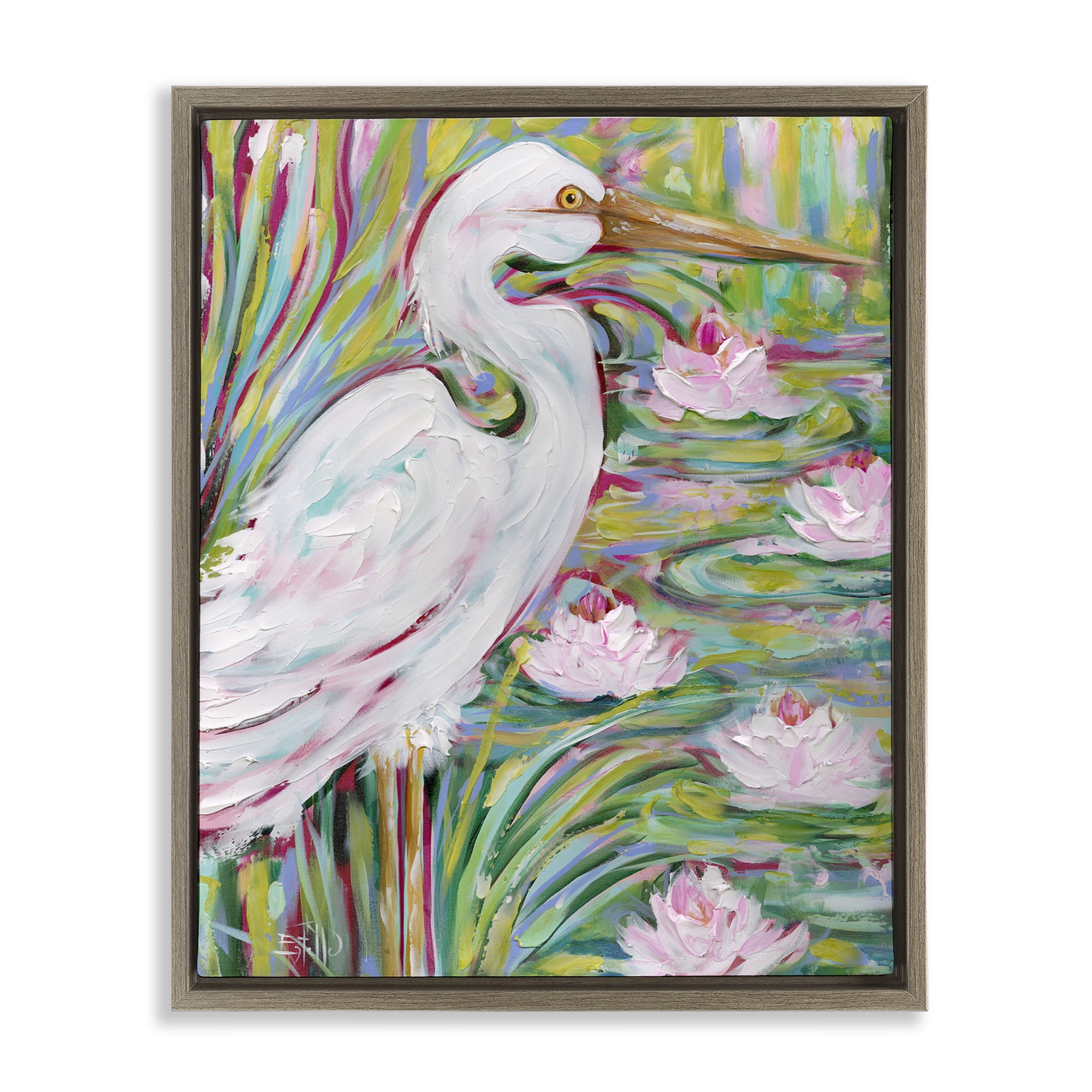 Stupell Industries Great White Egret & Lotus Animals Painting Brown Floater Framed Canvas Art Print Wall Art, 17 x 21