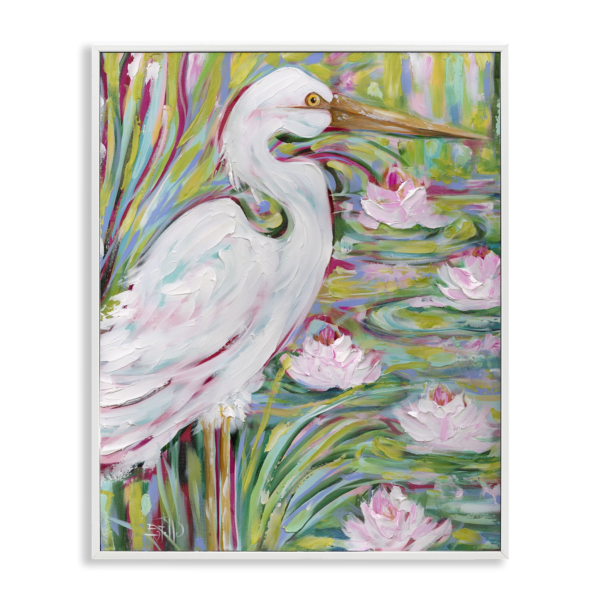 Stupell Industries Great White Egret & Lotus Animals Painting White Framed Art Print Wall Art, 11 x 14