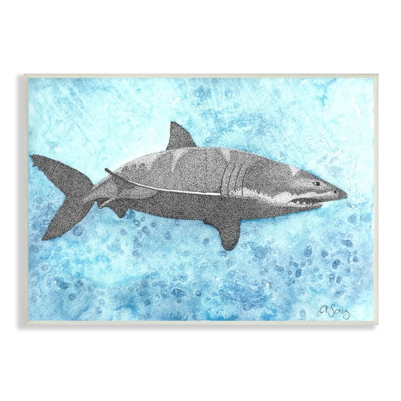 Stupell Industries Great White Shark Aqua Blue Ocean Water Splash Wood Wall Art, 15 x 10, Design by Ale Saiz Studio
