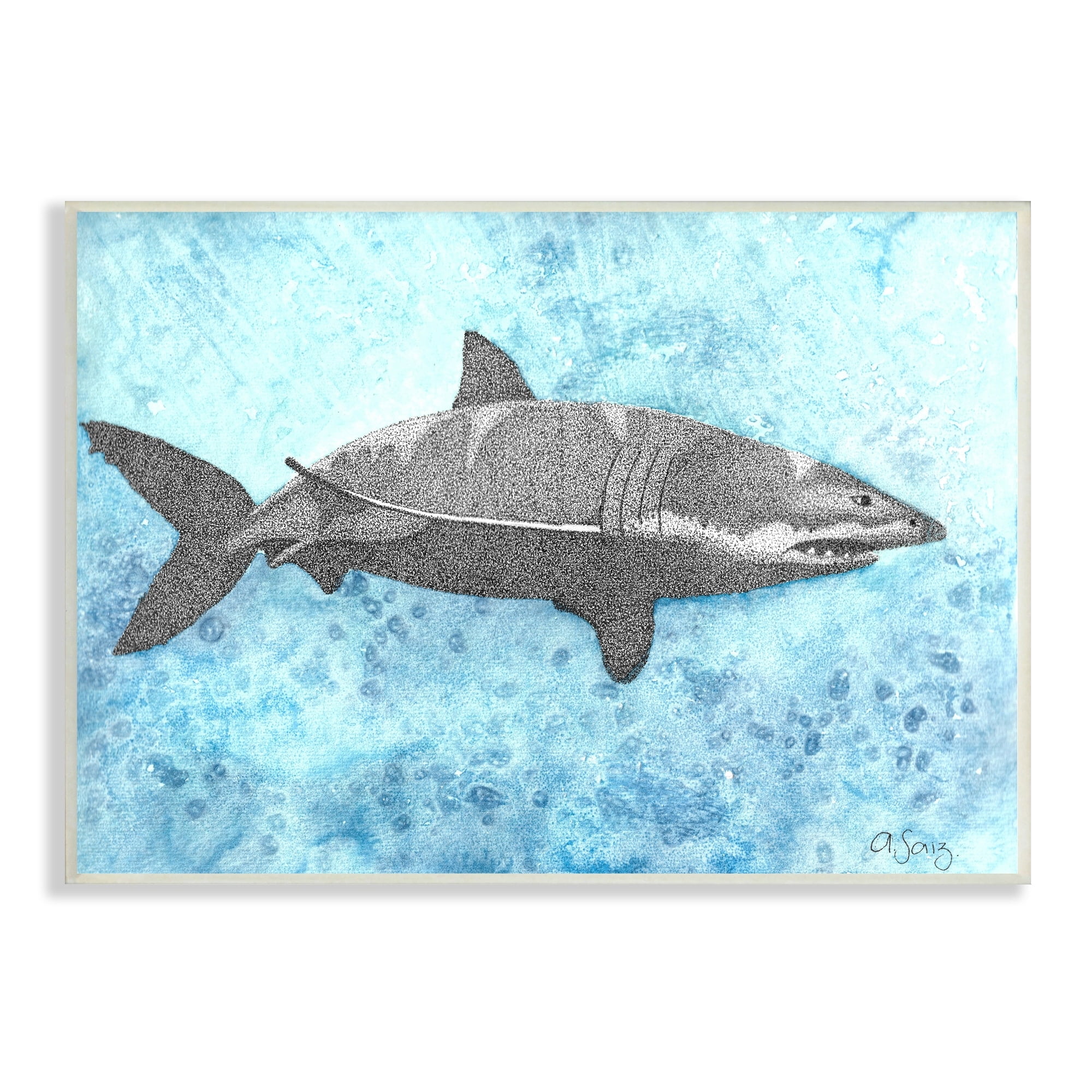 Stupell Industries Great White Shark Aqua Blue Ocean Water Splash Wood Wall Art, 19 x 13, Design by Ale Saiz Studio