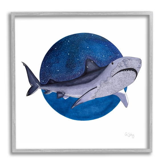Stupell Industries Great White Shark Swimming Starry Night Sky Framed Wall Art, 24 x 24, Design by Ale Saiz Studio