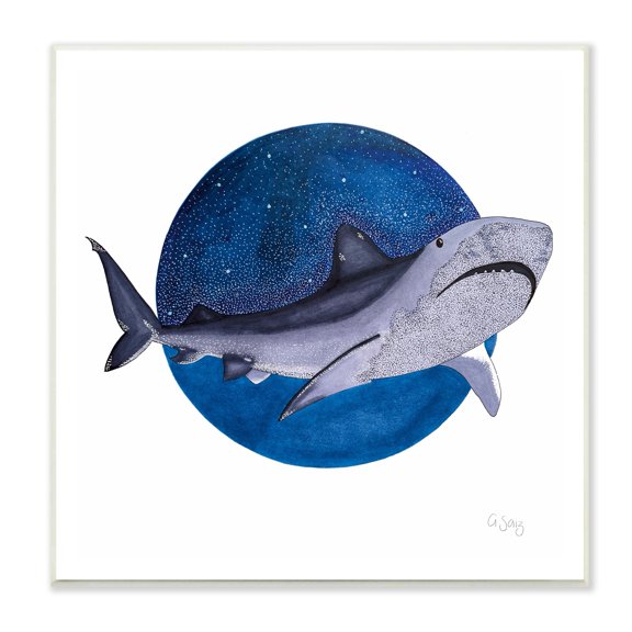 Stupell Industries Great White Shark Swimming Starry Night Sky Wood Wall Art, 12 x 12, Design by Ale Saiz Studio