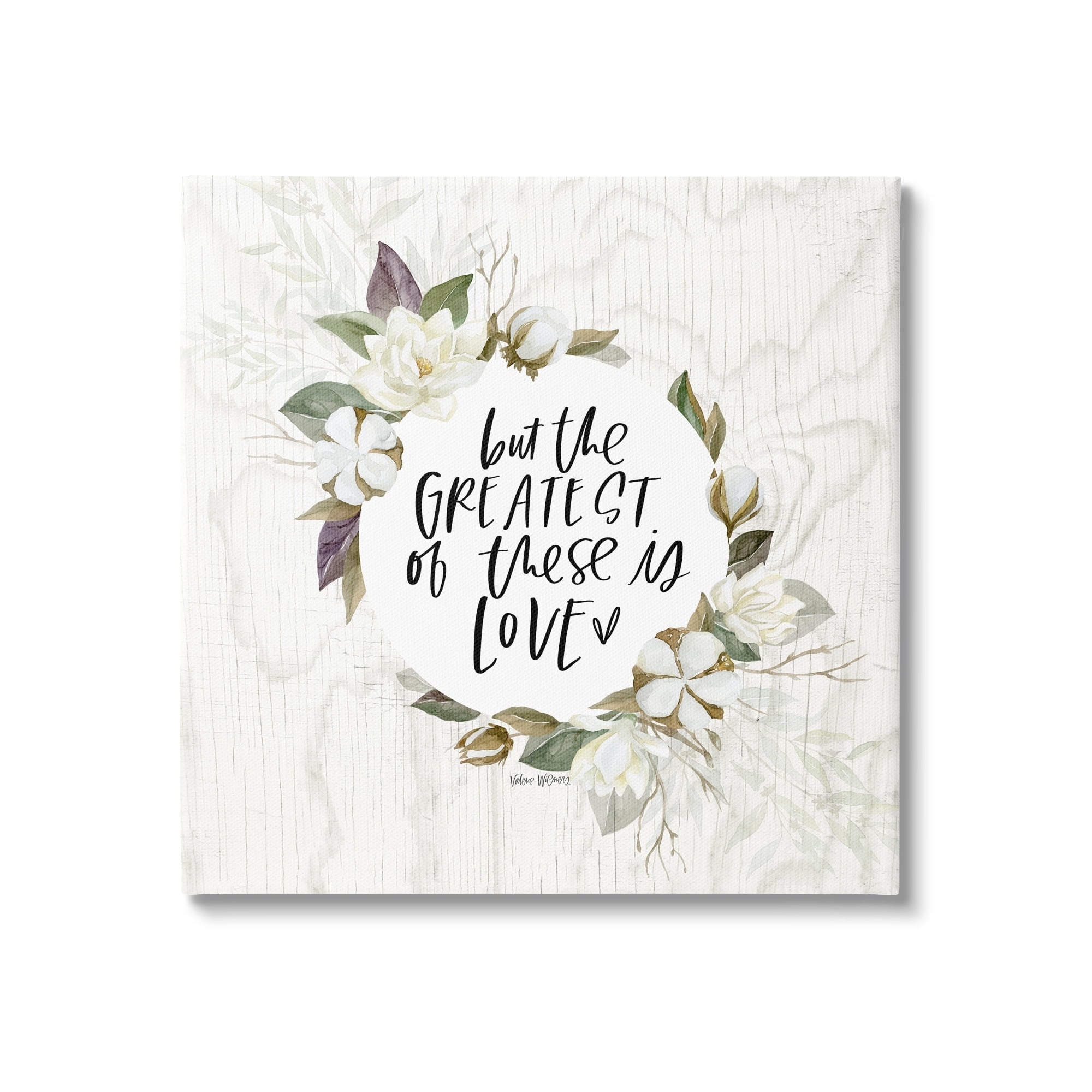 Stupell Industries Greatest Love Typography Quote Classic White Floral Border Rustic Painting Gallery-Wrapped Canvas Print Wall Art, 24 x 24, Design by Valerie Wieners