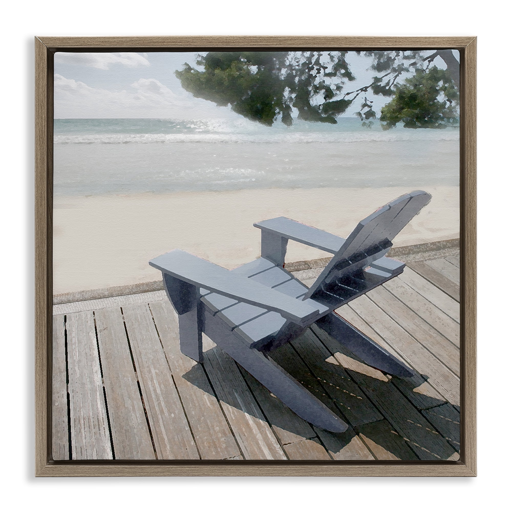 Stupell Industries Greek Chair Beach Landscape Landscape Painting Brown Floater Framed Canvas Art Print Wall Art, 18 x 18