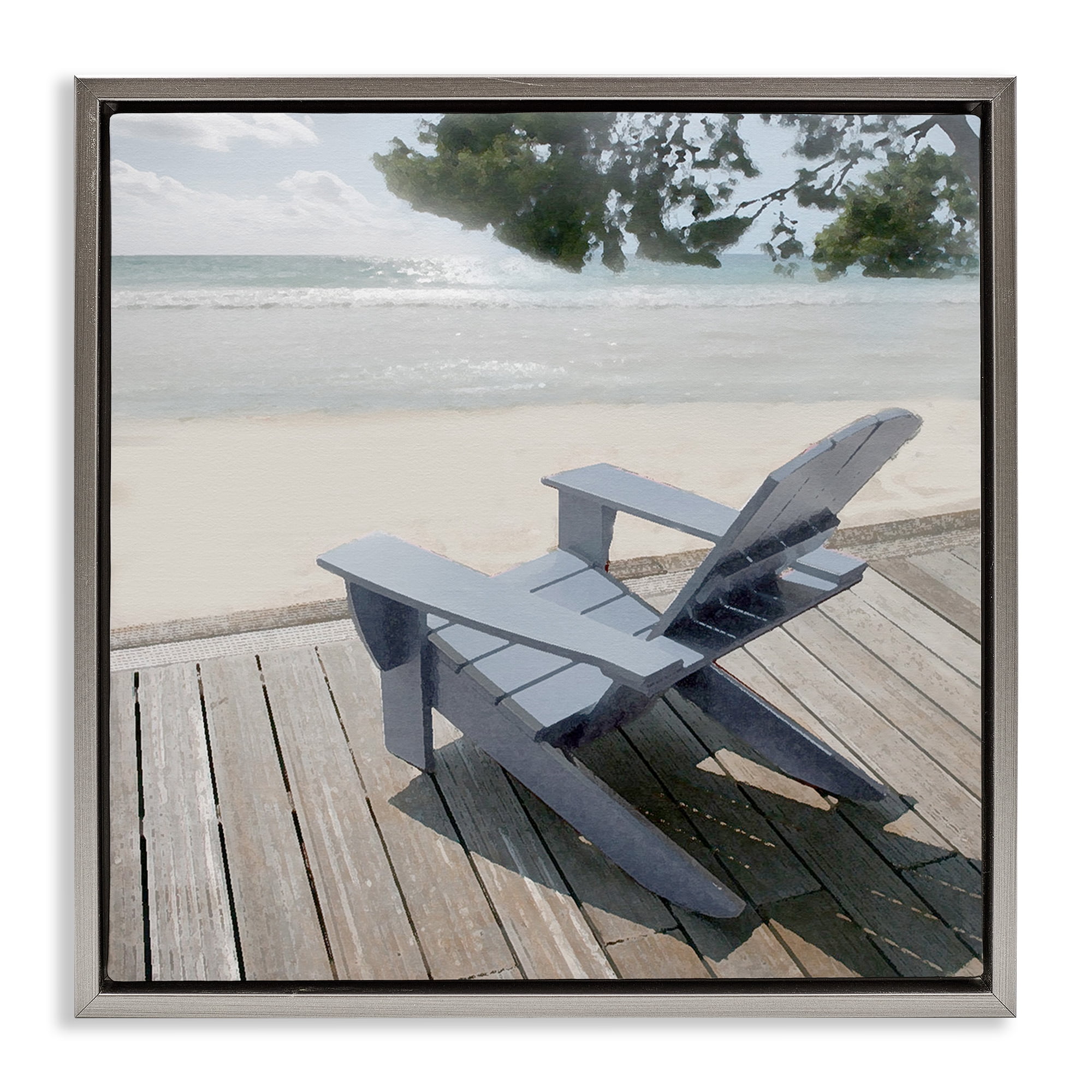 Stupell Industries Greek Chair Beach Landscape Landscape Painting Gray Floater Framed Canvas Art Print Wall Art, 18 x 18