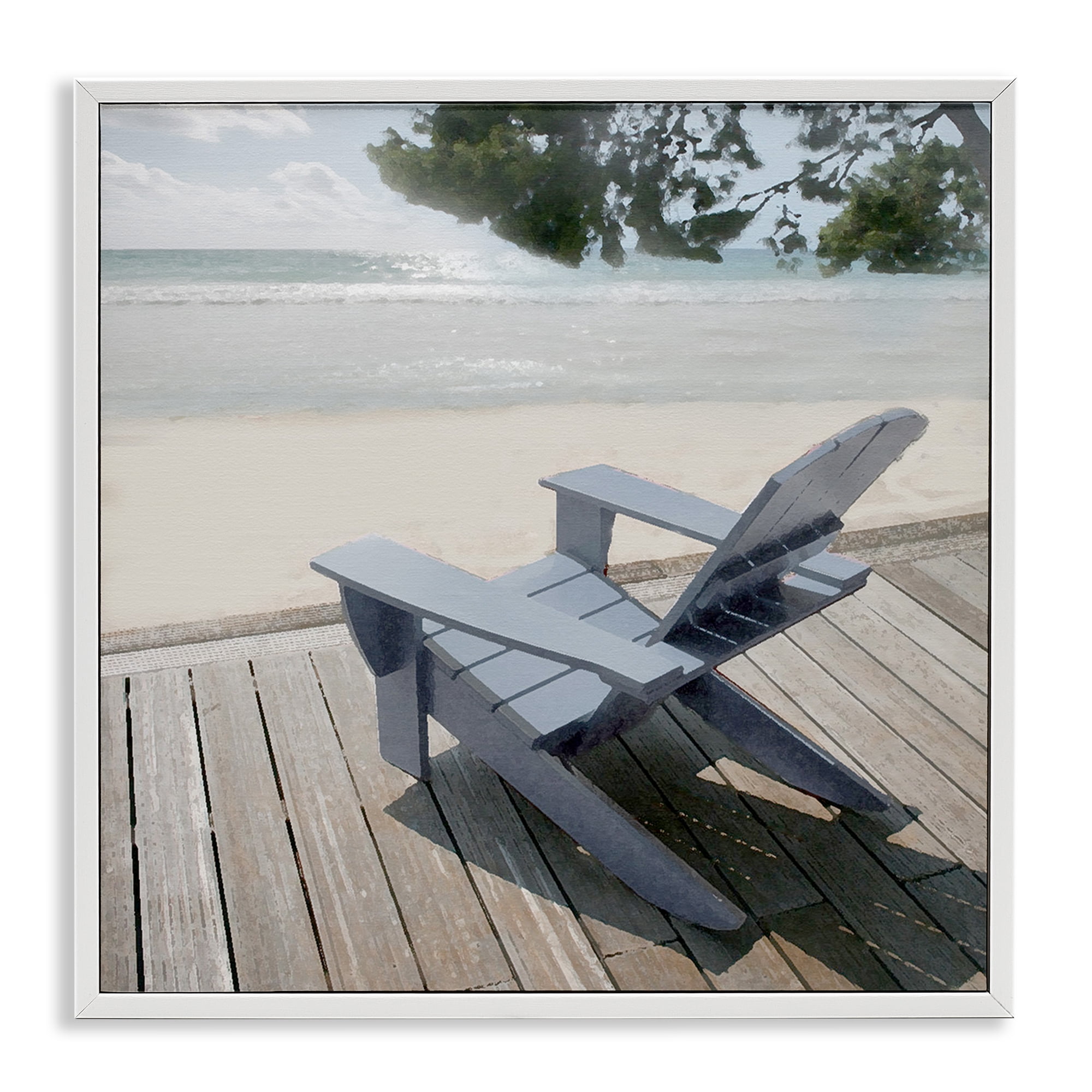 Stupell Industries Greek Chair Beach Landscape Landscape Painting White Framed Art Print Wall Art, 12 x 12