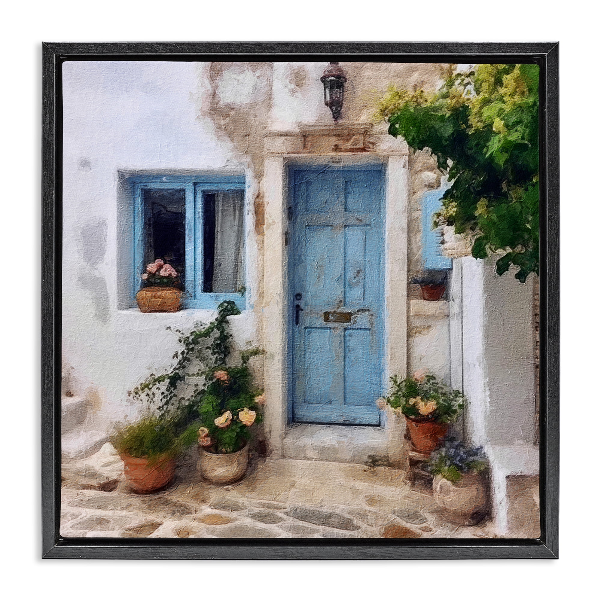 Stupell Industries Greek Door Architecture Town & City Painting Black Floater Framed Canvas Art Print Wall Art, 18 x 18