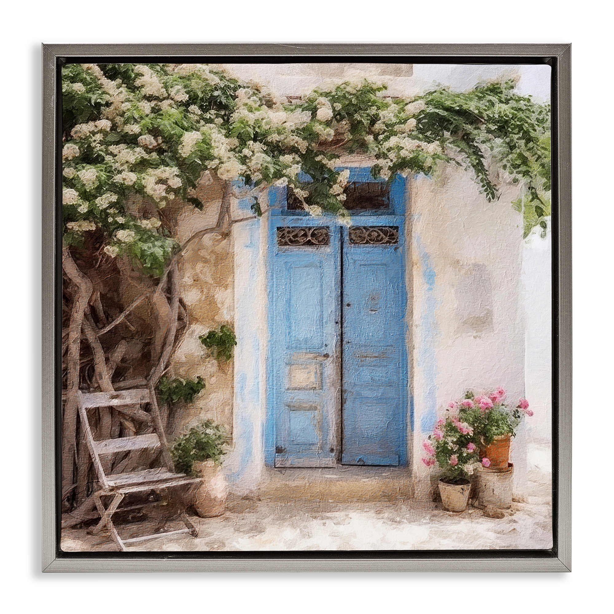 Stupell Industries Greek Doorway with Tree Town & City Painting Gray Floater Framed Canvas Art Print Wall Art, 25 x 25