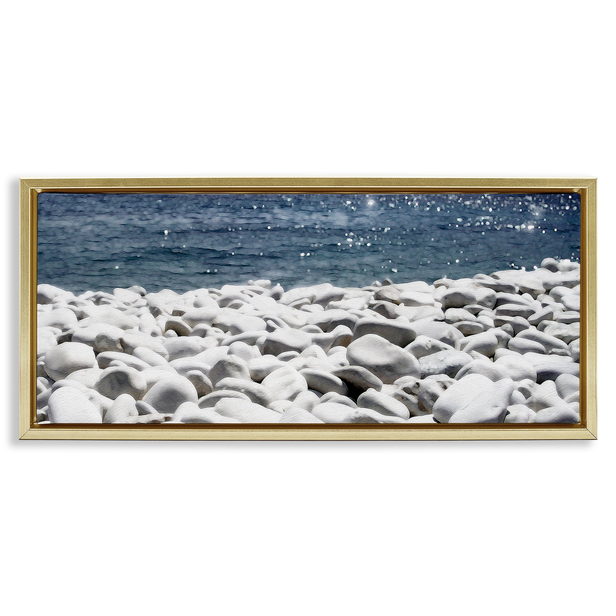 Stupell Industries Greek Pebbles Shore Landscape & Nature Photography Gold Floater Framed Canvas Art Print Wall Art, 31 x 14