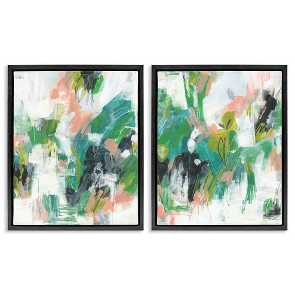 Stupell Industries Green Abstract Layers Abstract Painting Black Floater Framed Canvas Art Print Wall Art, 17 x 21, Set of 2