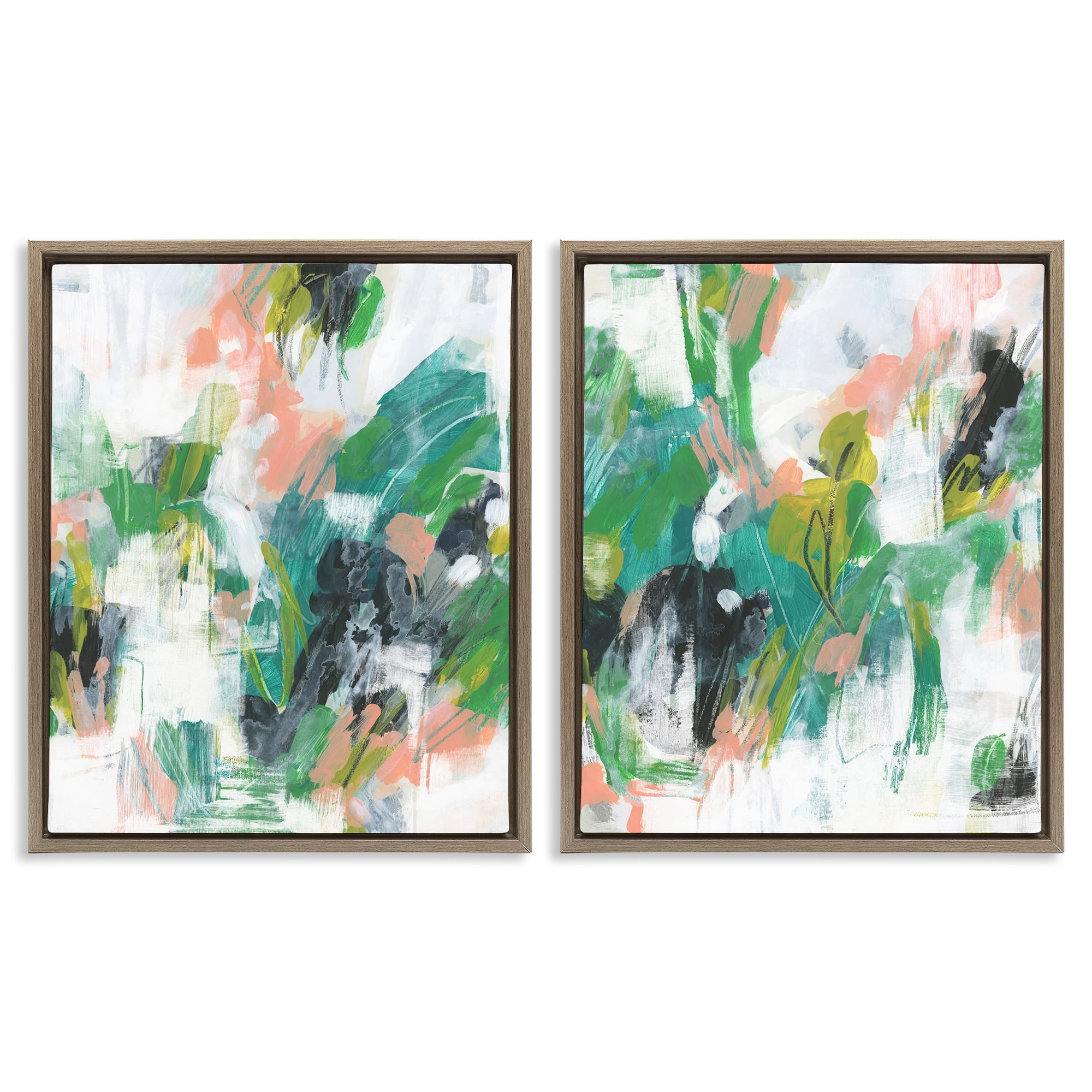 Stupell Industries Green Abstract Layers Abstract Painting Brown Floater Framed Canvas Art Print Wall Art, 31 x 25, Set of 2