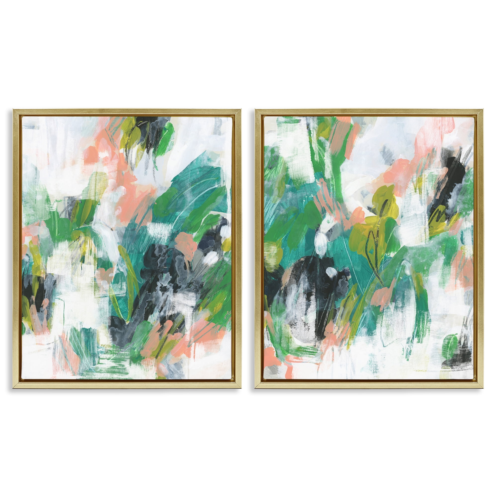 Stupell Industries Green Abstract Layers Abstract Painting Gold Floater Framed Canvas Art Print Wall Art, 31 x 25, Set of 2