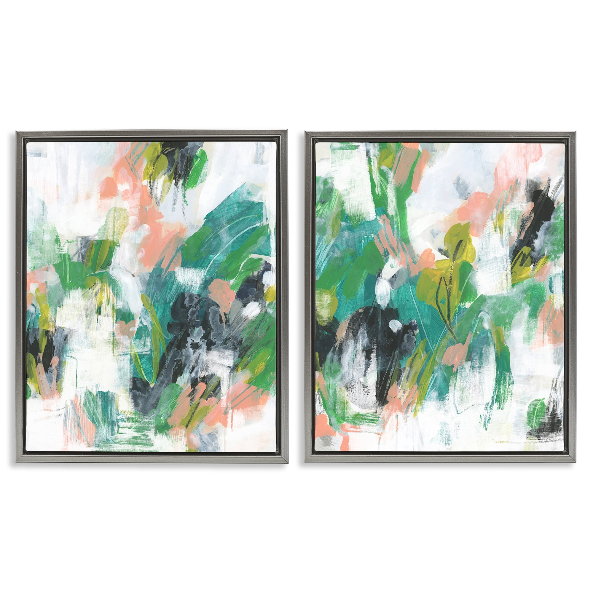 Stupell Industries Green Abstract Layers Abstract Painting Gray Floater Framed Canvas Art Print Wall Art, 31 x 25, Set of 2