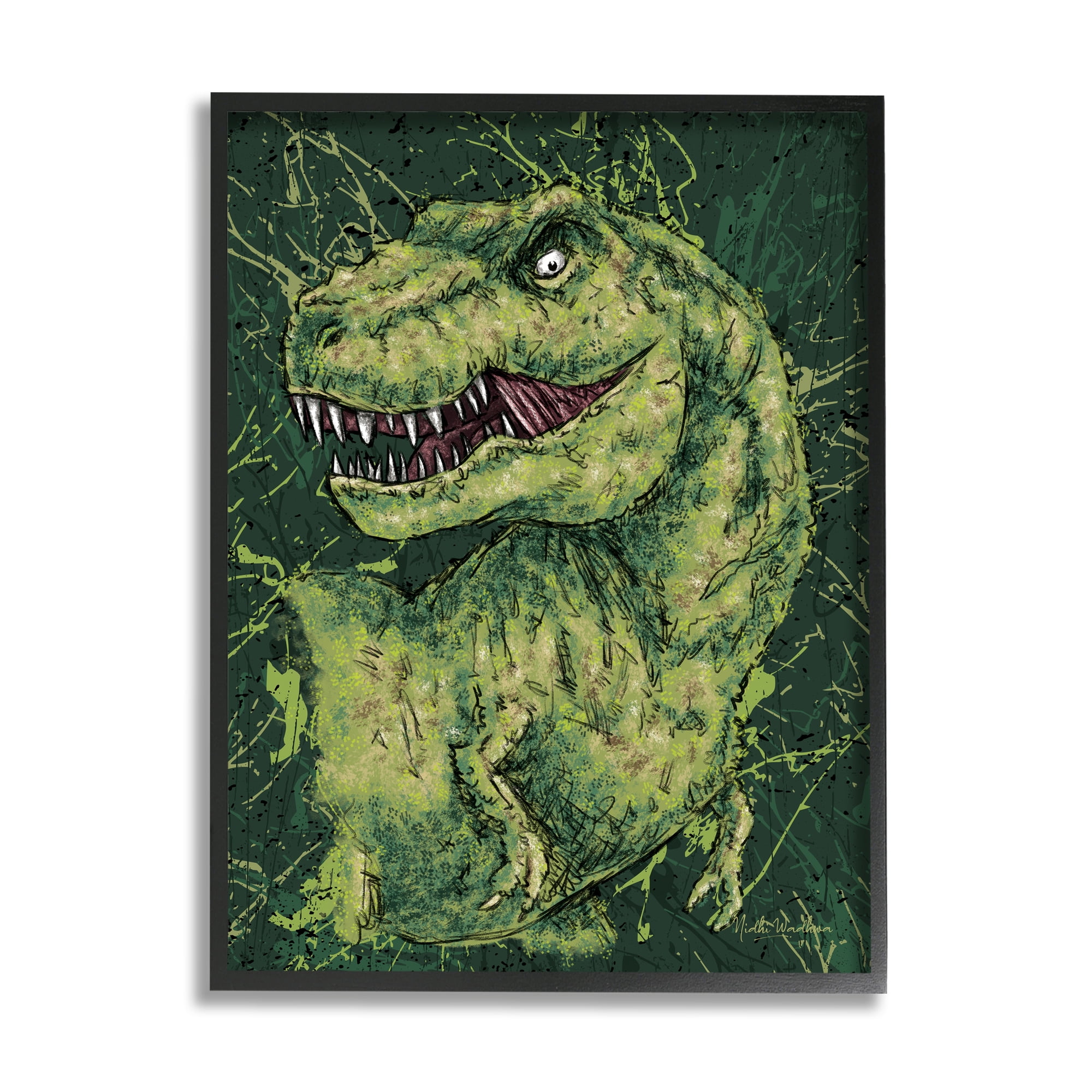 Stupell Industries Green Abstract T-Rex Animals & Insects Painting Black Framed Art Print Wall Art, 16 x 20