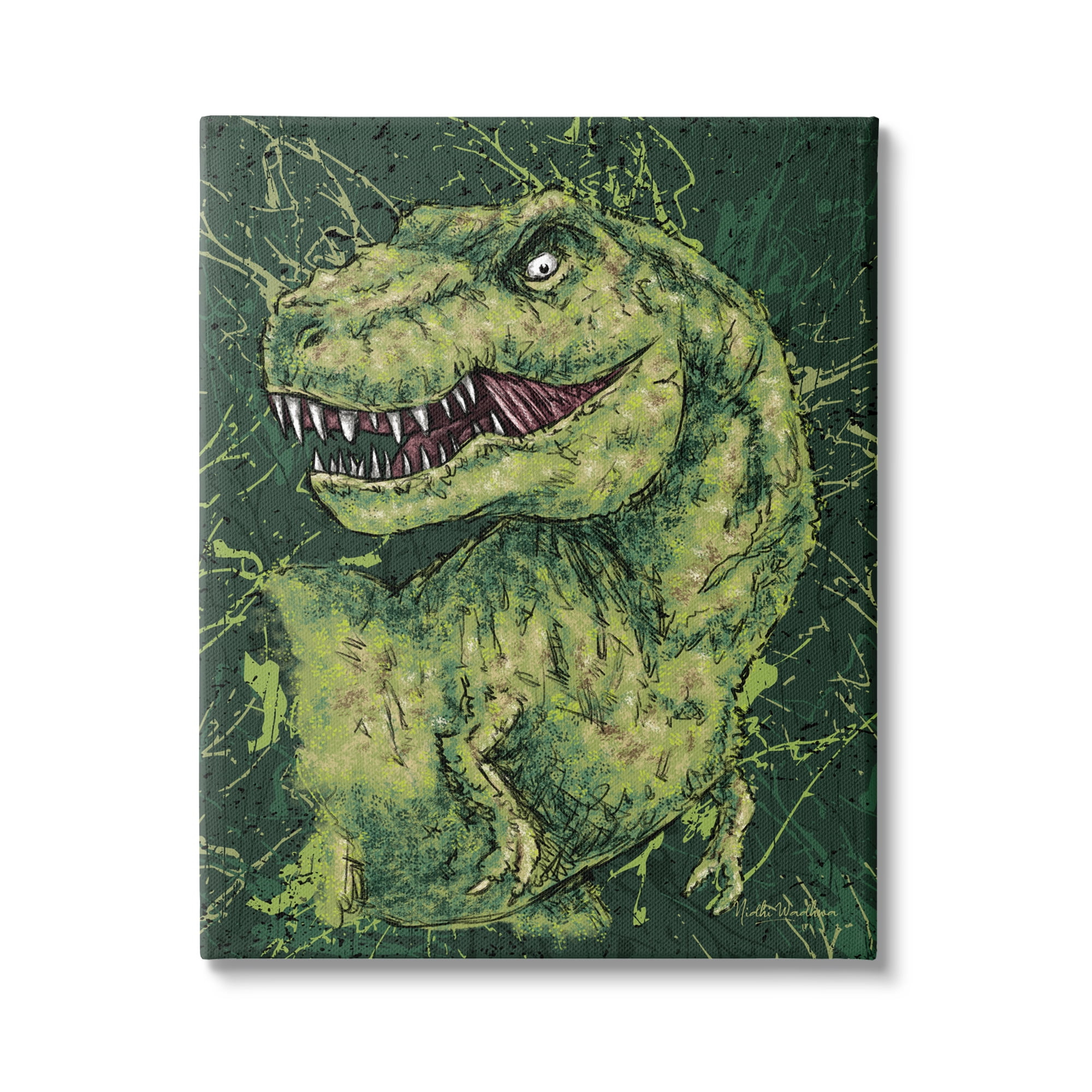 Stupell Industries Green Abstract T-Rex Animals & Insects Painting Gallery Wrapped Canvas Art Print Wall Art, 16 x 20