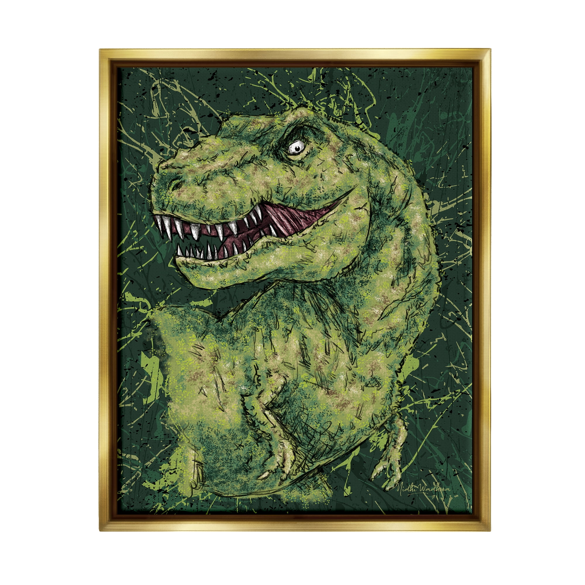 Stupell Industries Green Abstract T-Rex Animals & Insects Painting Gold Floater Framed Canvas Art Print Wall Art, 25 x 31