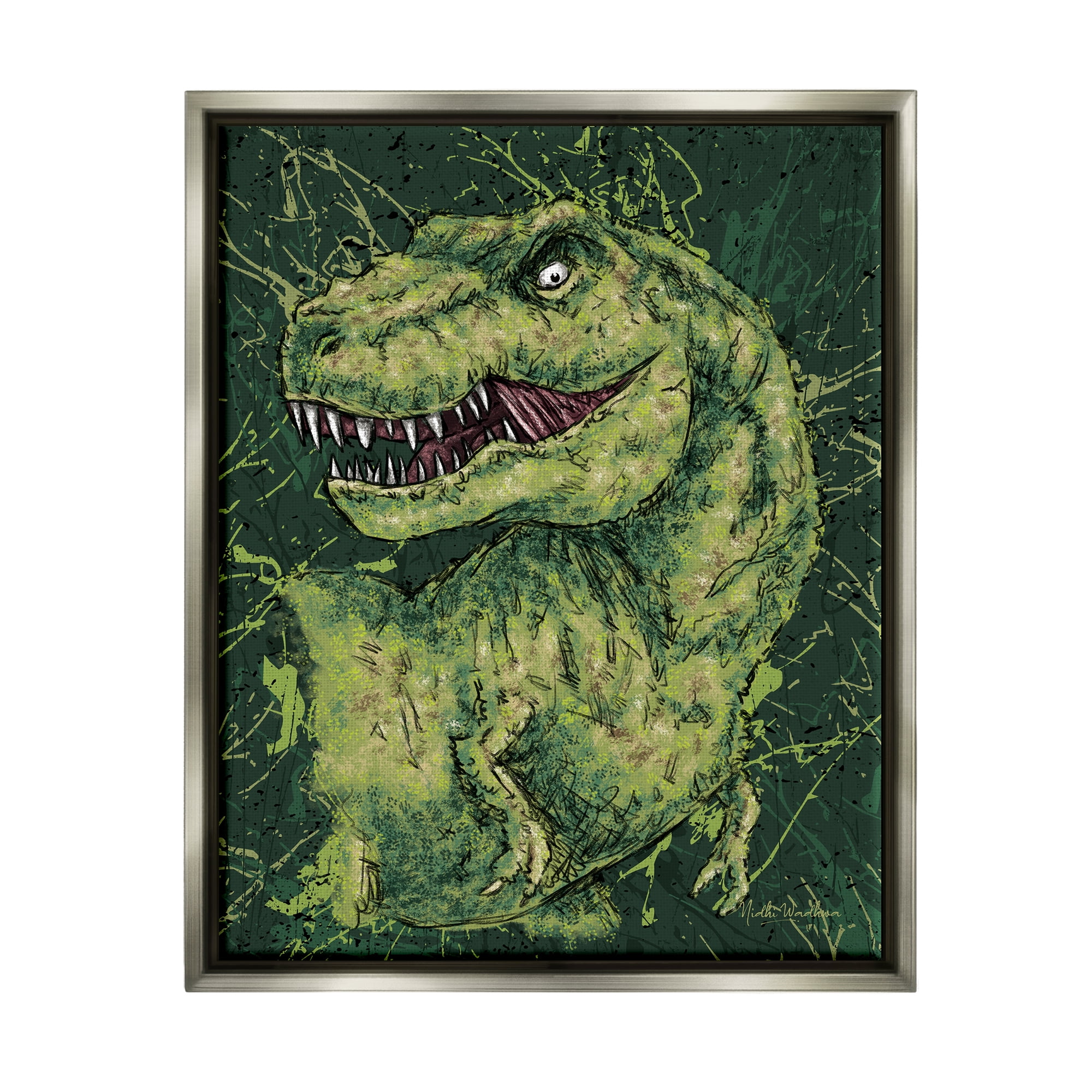 Stupell Industries Green Abstract T-Rex Animals & Insects Painting Gray Floater Framed Canvas Art Print Wall Art, 17 x 21