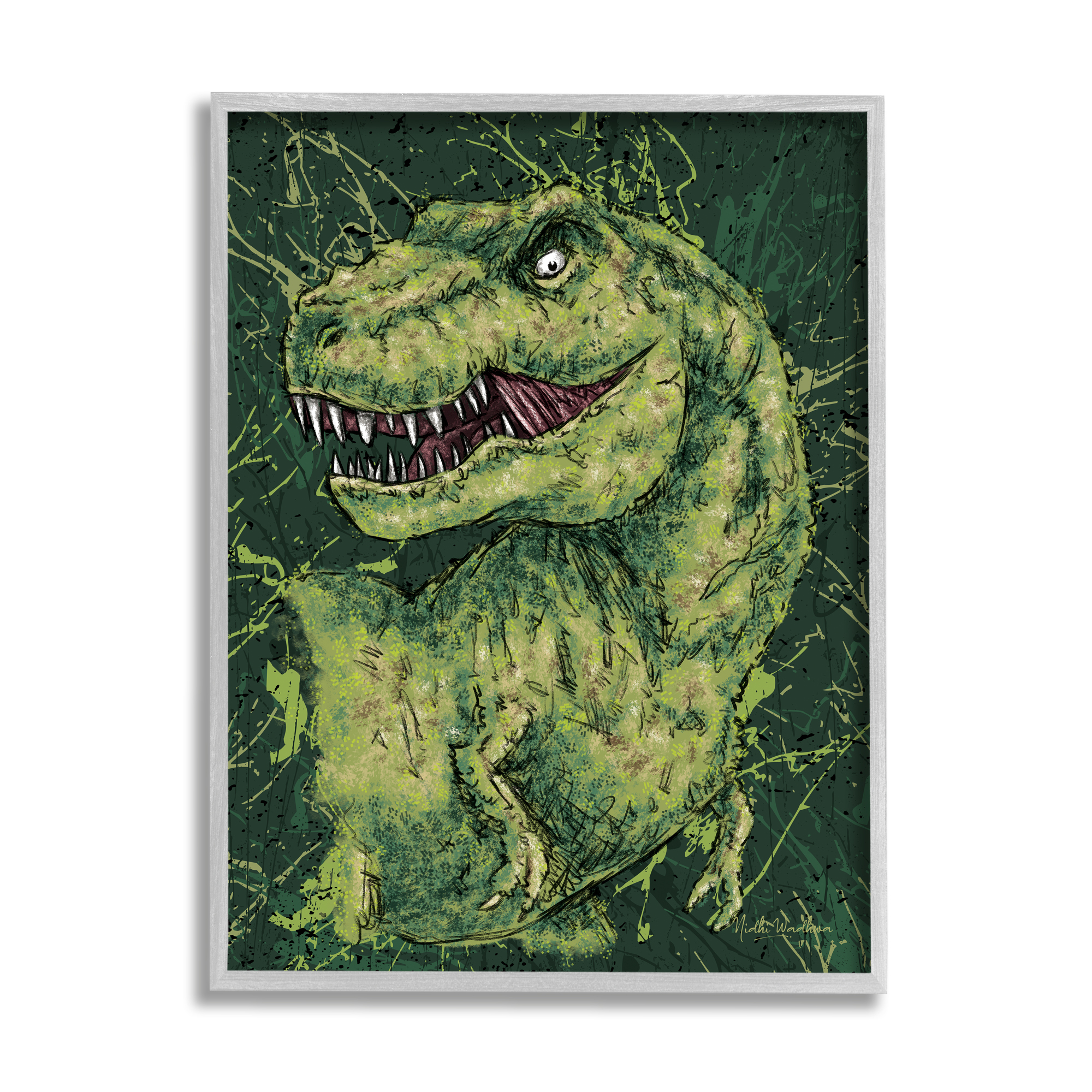 Stupell Industries Green Abstract T-Rex Animals & Insects Painting Gray Framed Art Print Wall Art, 11 x 14